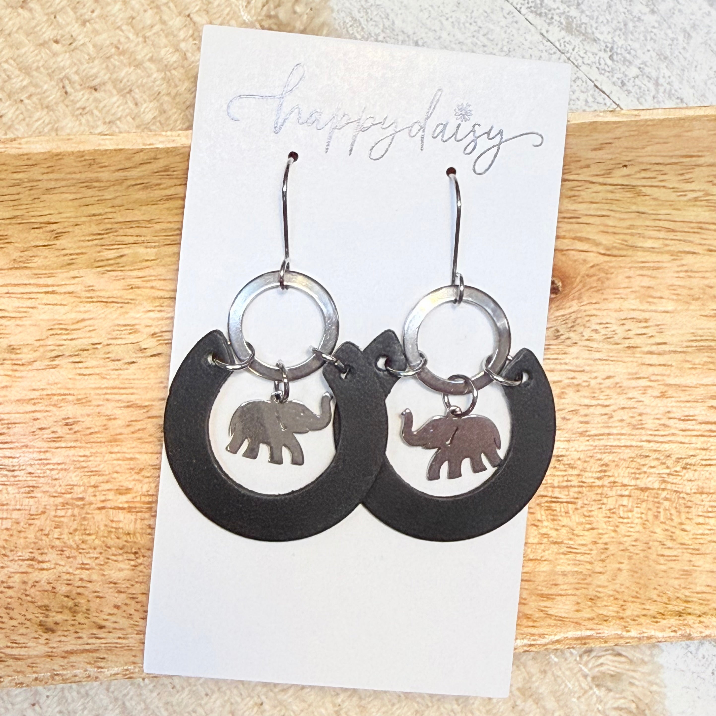 Elephant Charm Black Leather Winslet Earrings