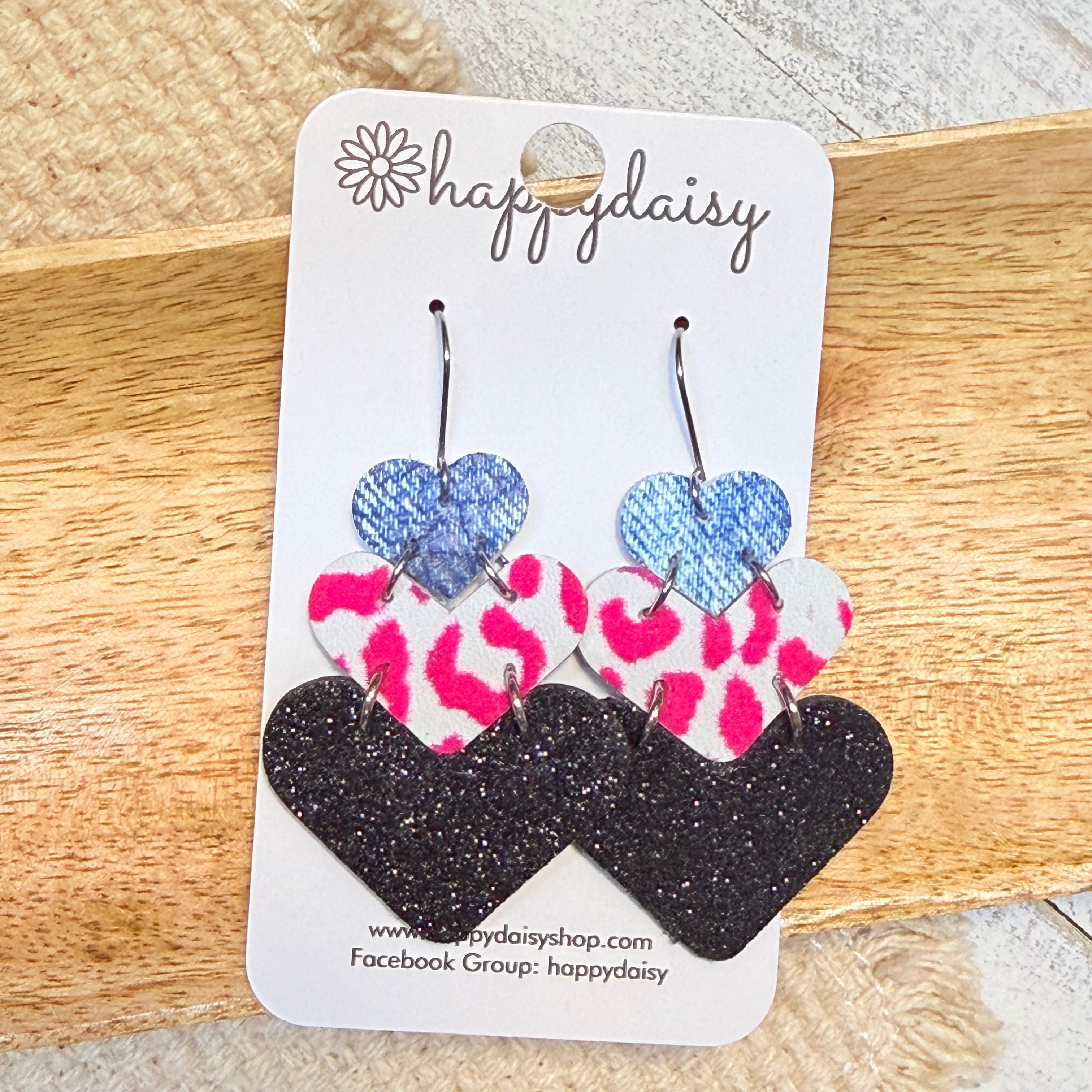 Pink, Denim & Glitter Animal Print Heart Stacker Earrings