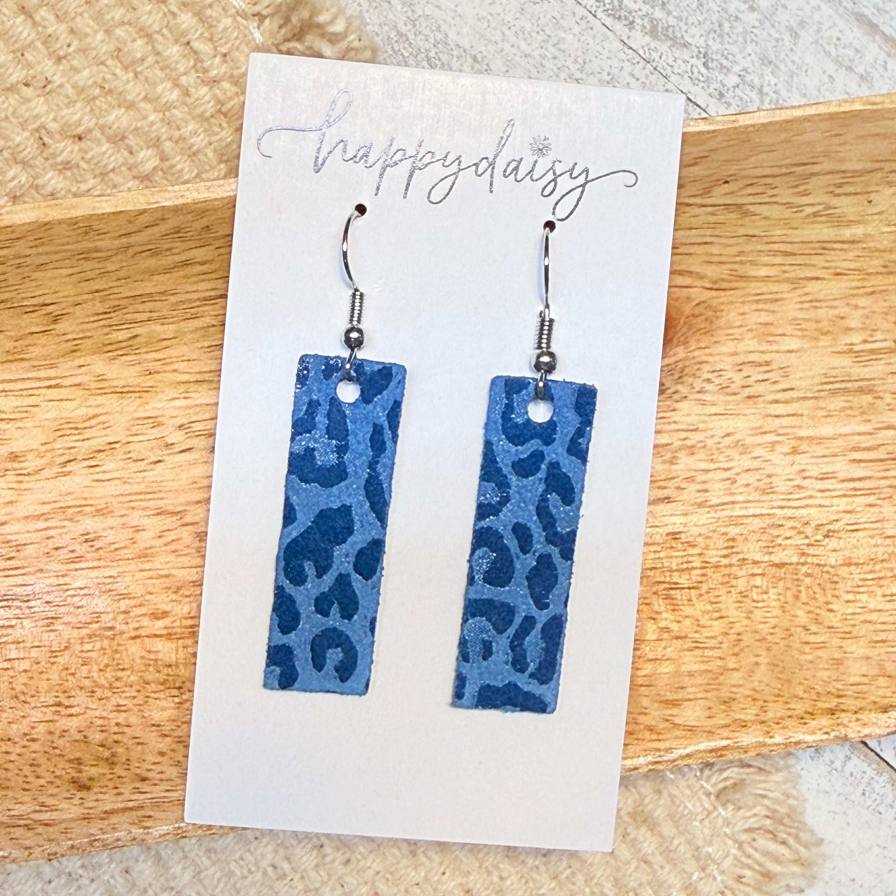 Blue Leopard Animal Print Bar Earrings
