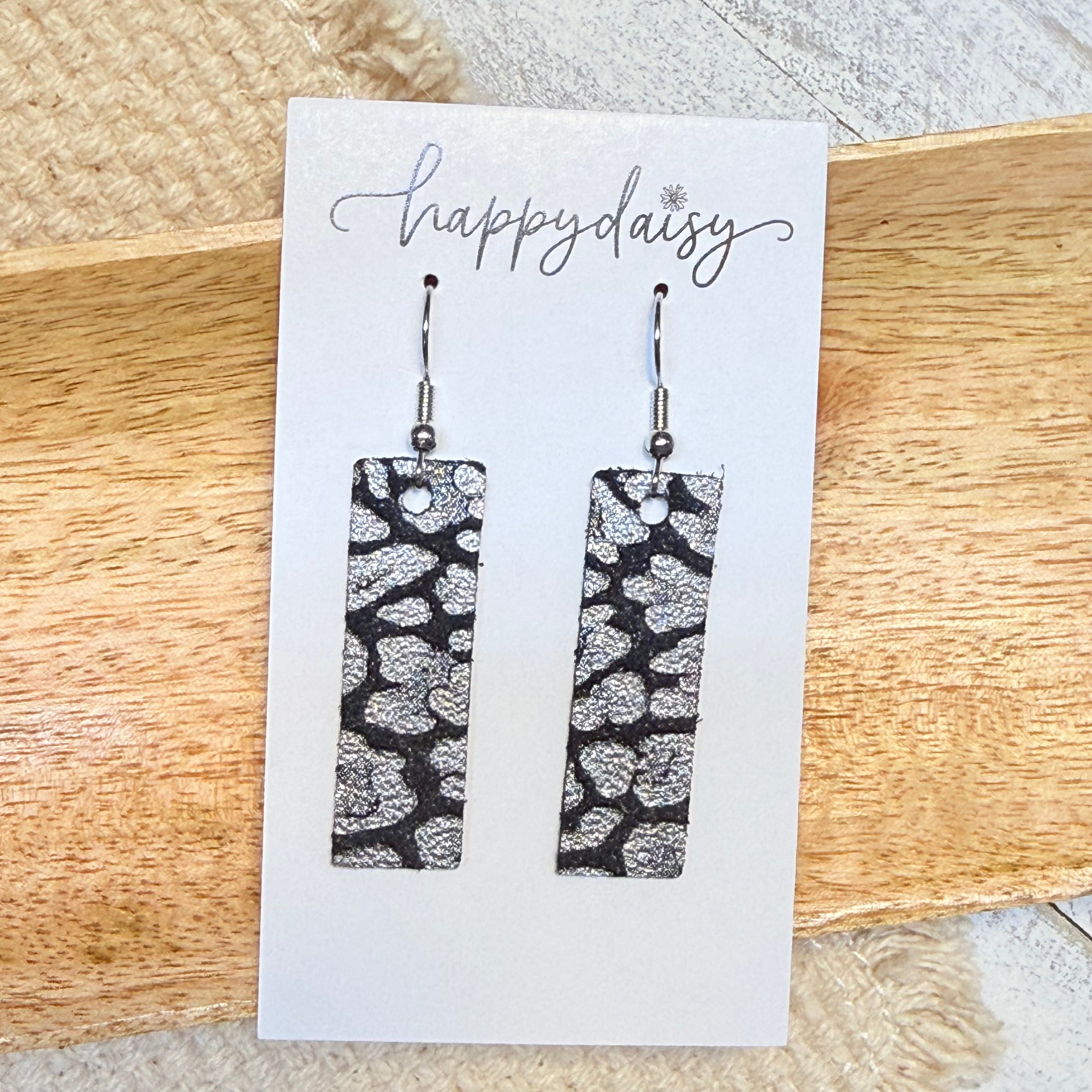 Silver & Black Leopard Animal Print Bar Earrings
