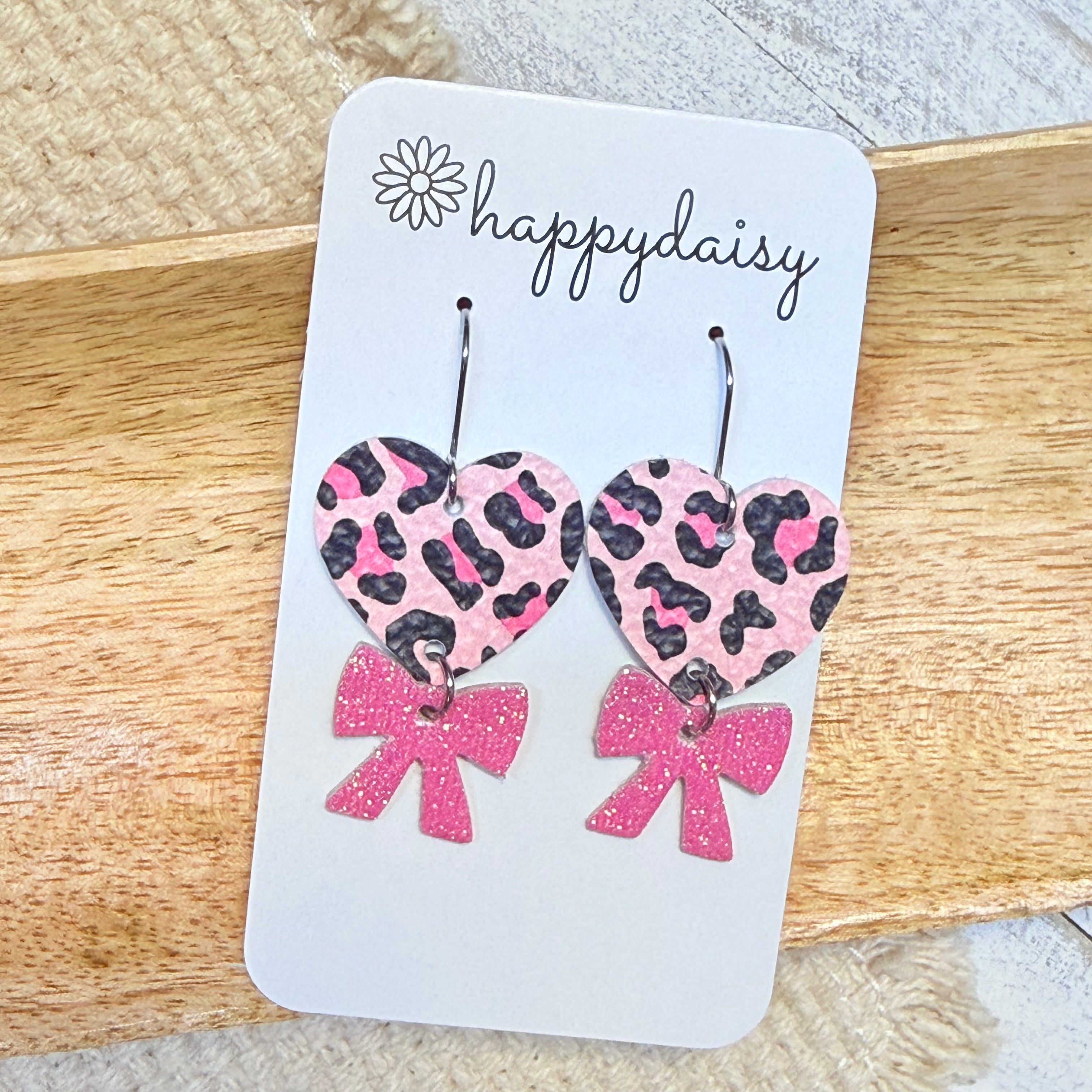 Pink Animal Print Heart Earrings