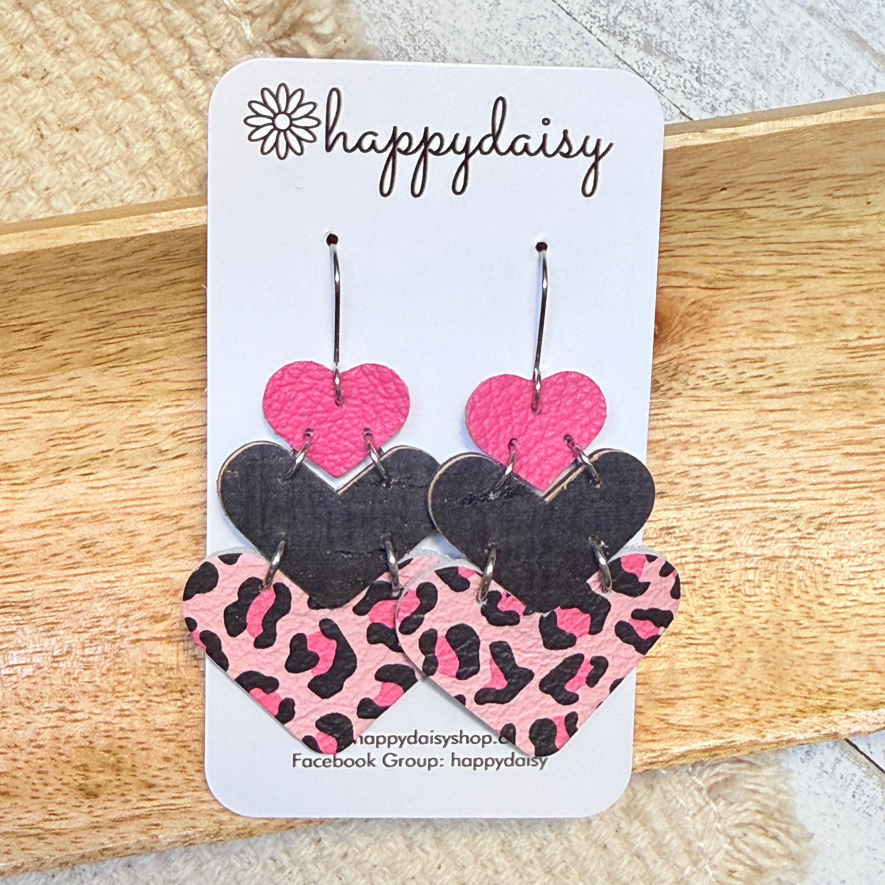 Pink & Black Animal Print Heart Stacker Earrings
