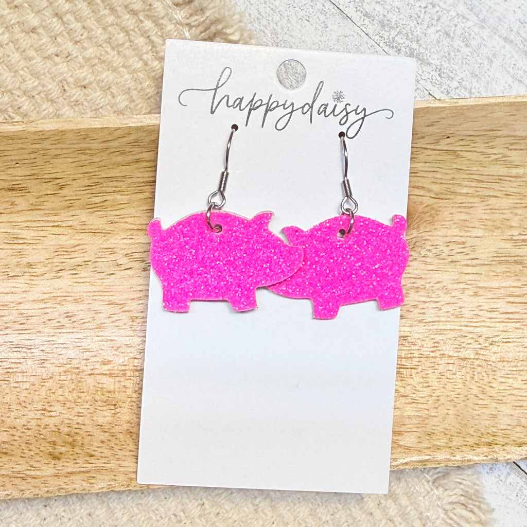 Hot Pink Glitter Farm Pig Earrings