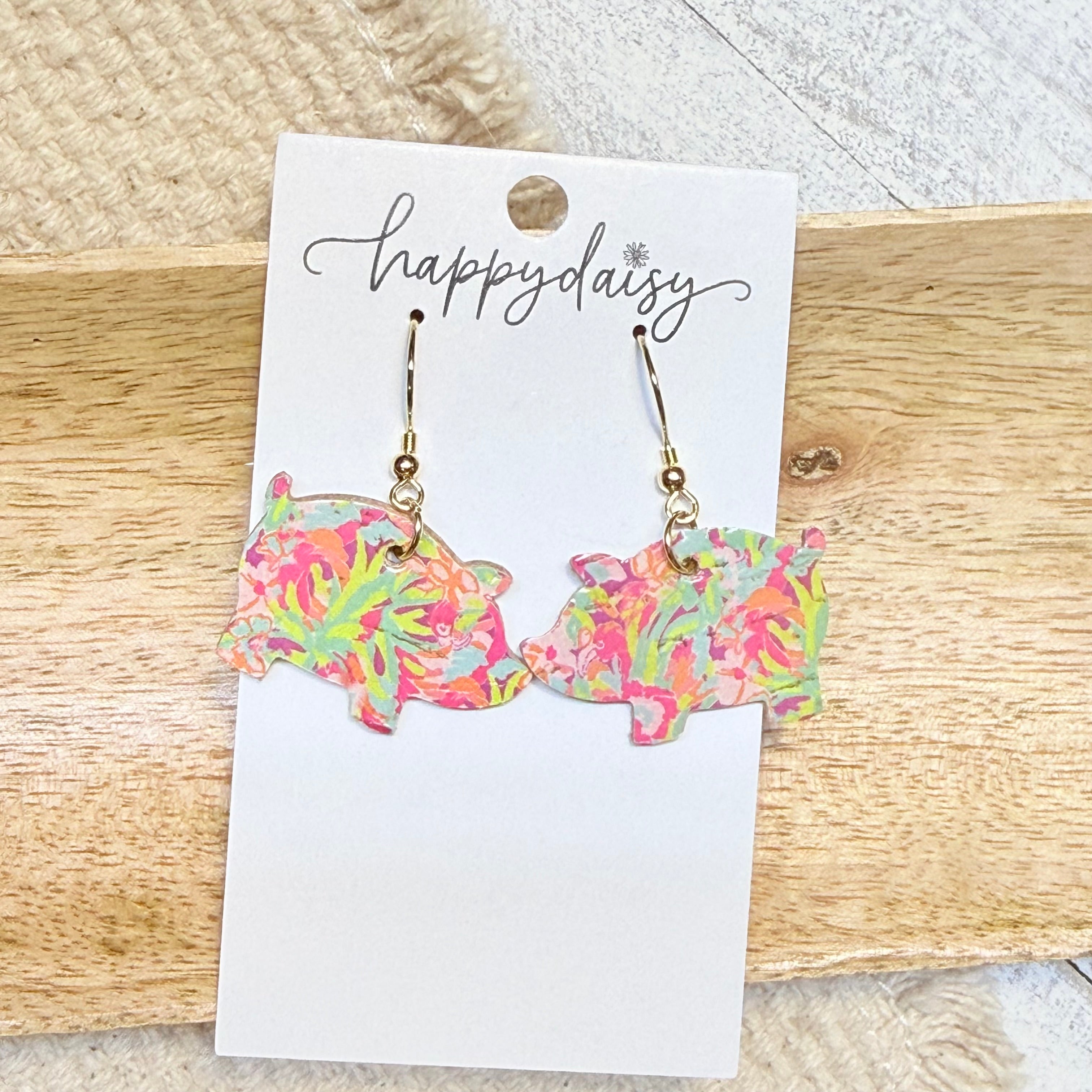 Pink Floral Farm Pig Earrings