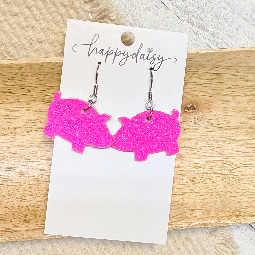 Hot Pink Glitter Farm Pig Earrings