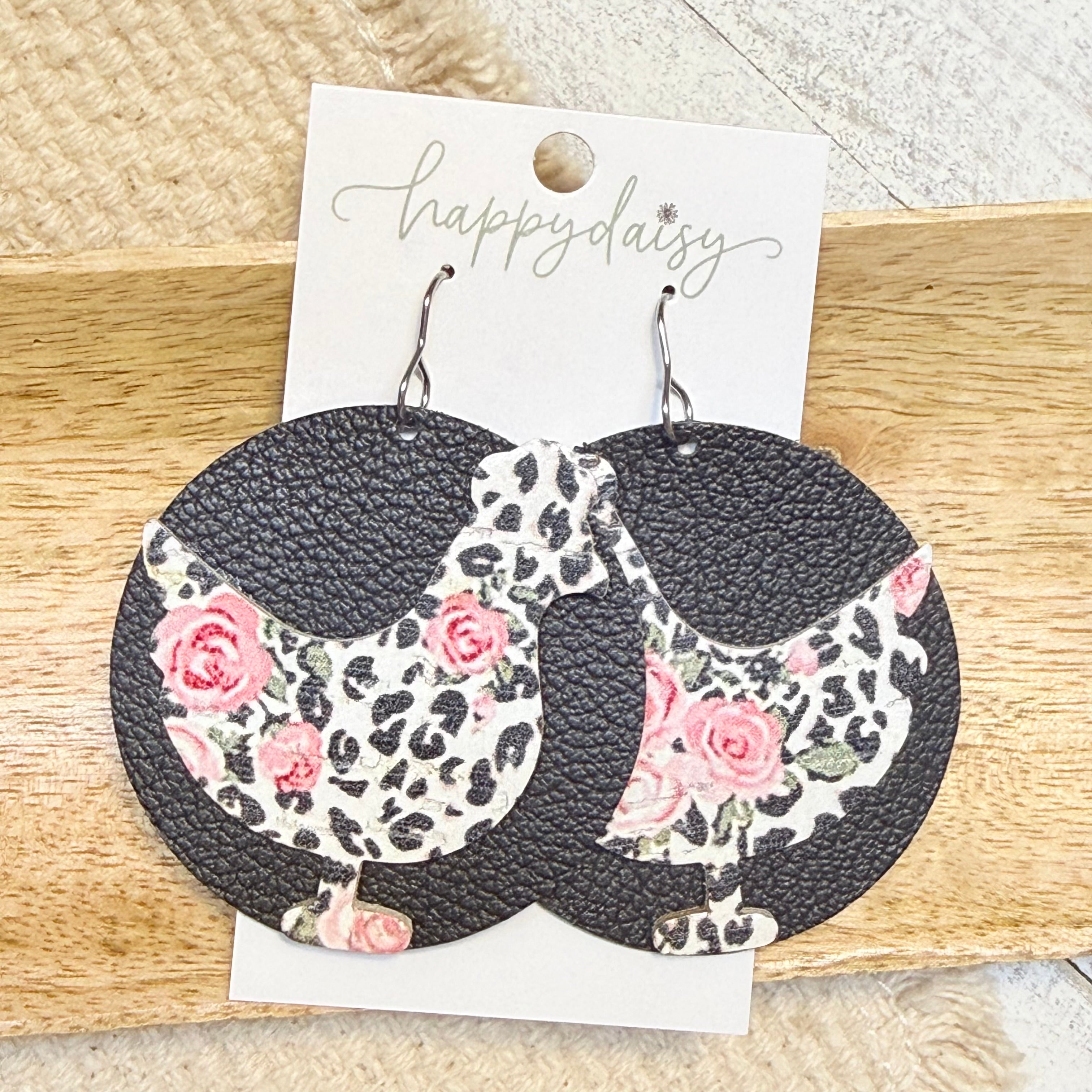 Farm Rose Animal Print Statement Chicken Earrings