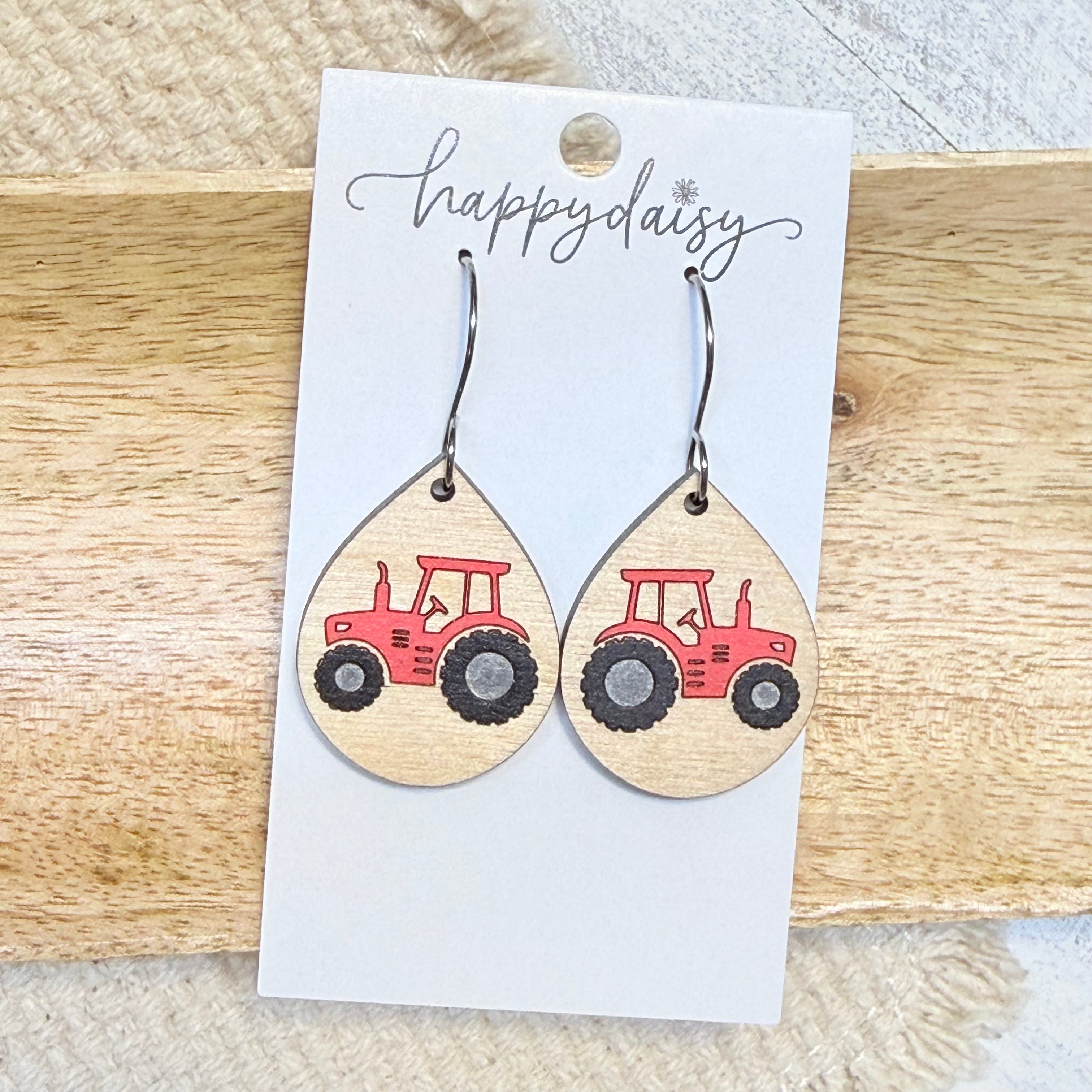 Farm Tractor Wood Earrings