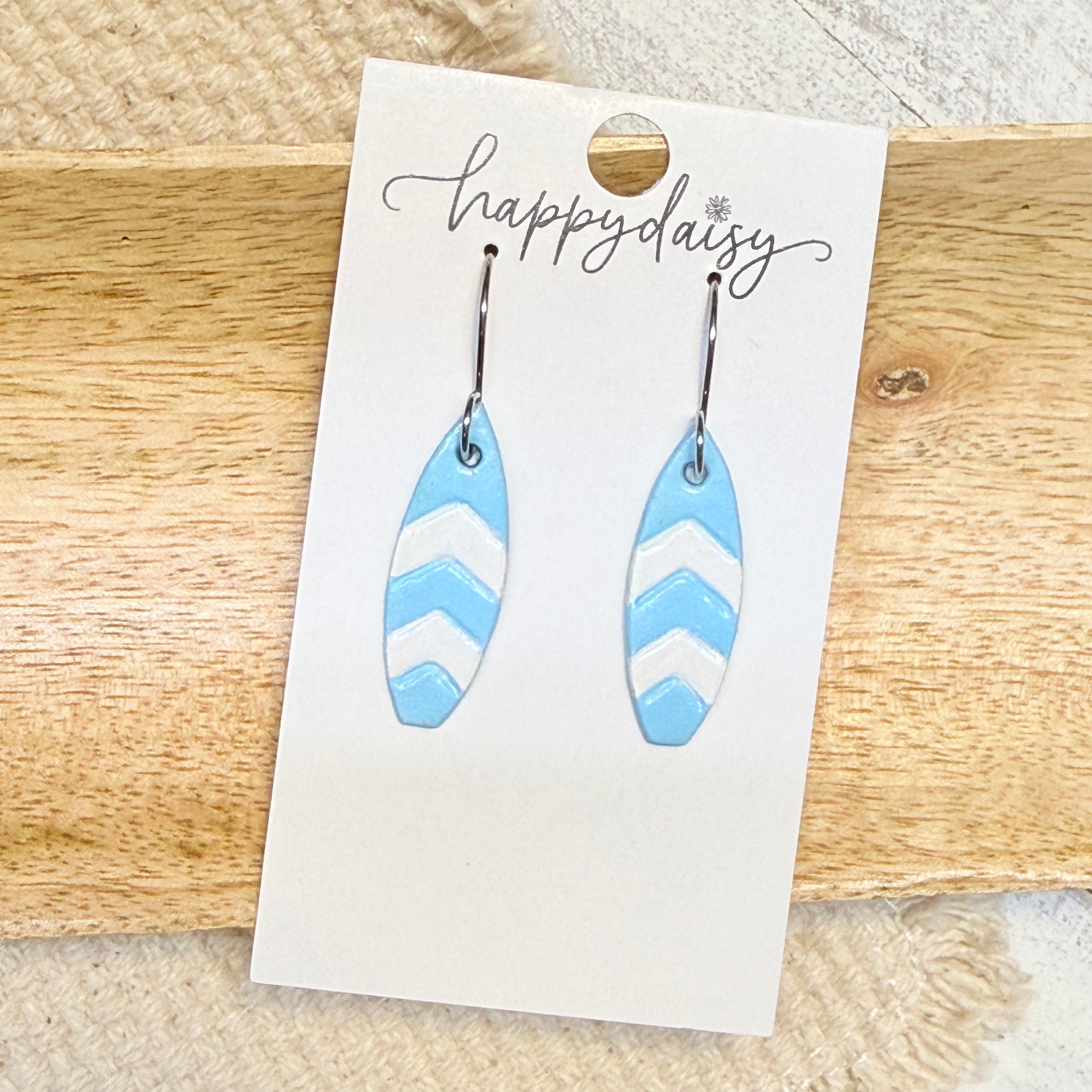 Coastal Blue White Surfboard Leather Earrings
