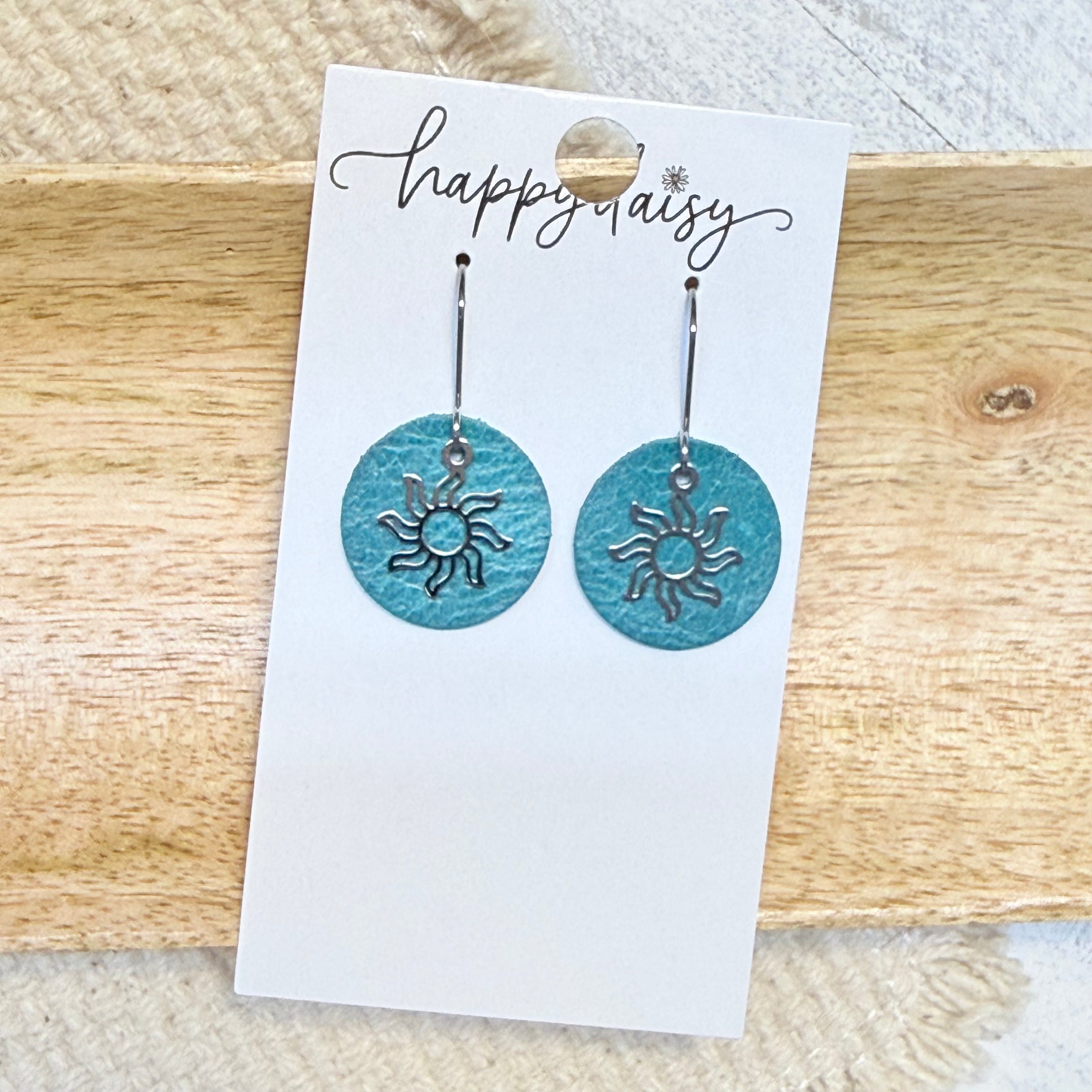 Sun Charm Teal Sherry Leather Earrings
