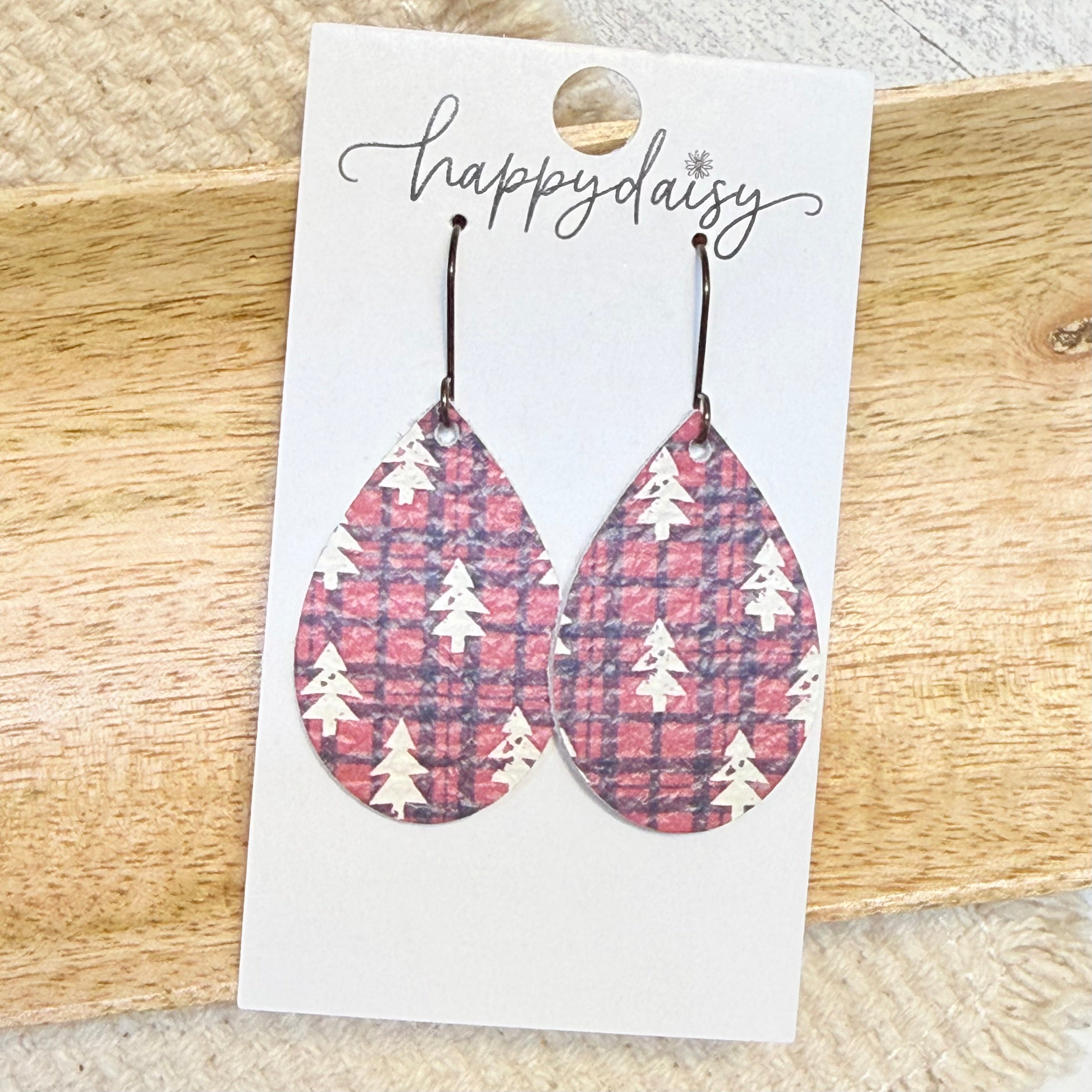 Pine Plaid Teardrop Leather Earrings