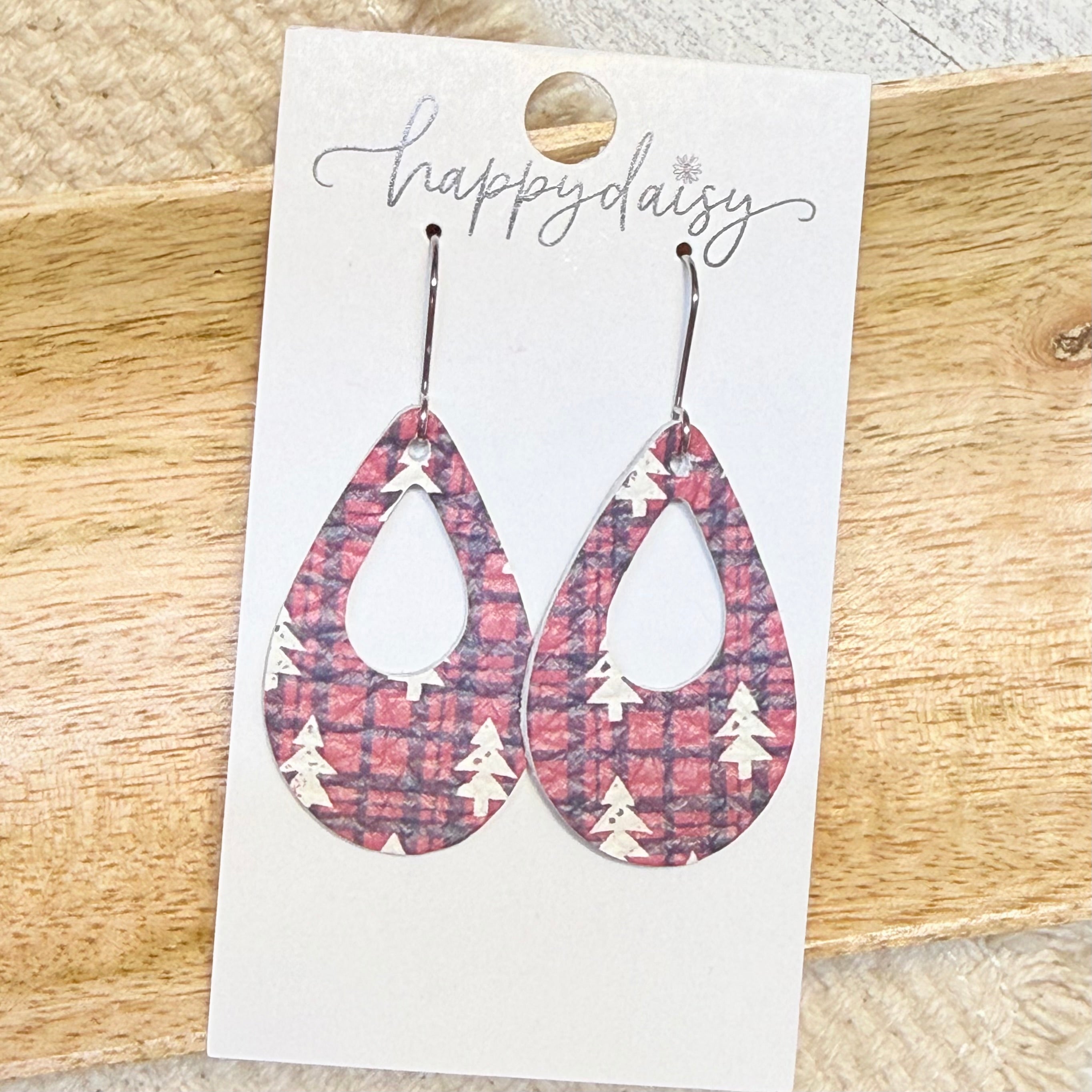 Pine Plaid Open Teardrop Leather Earrings
