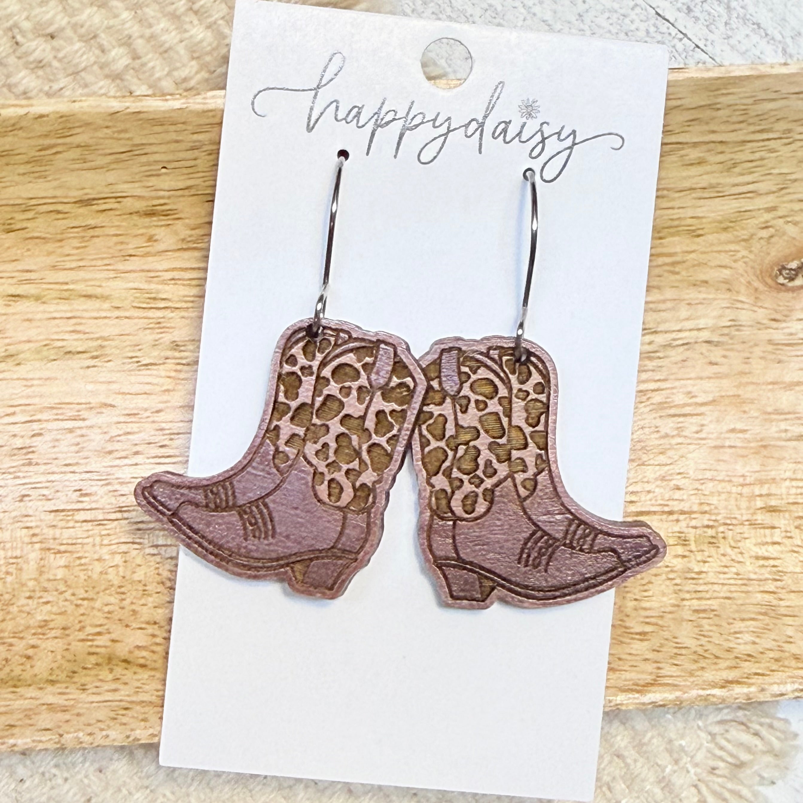 Western Leopard Cowgirl Boots Wood Earrings