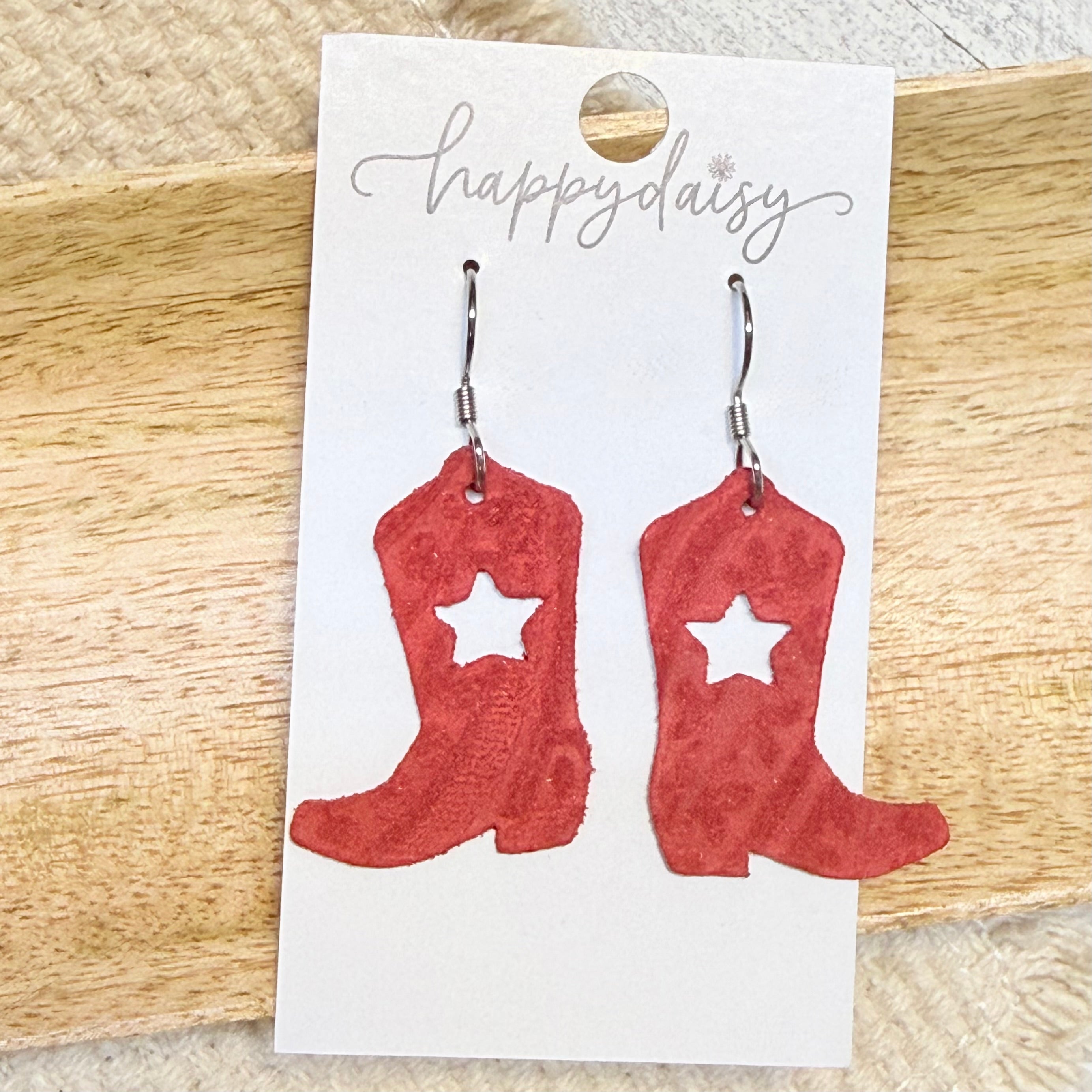 Western Star Boots Red Leather Earrings