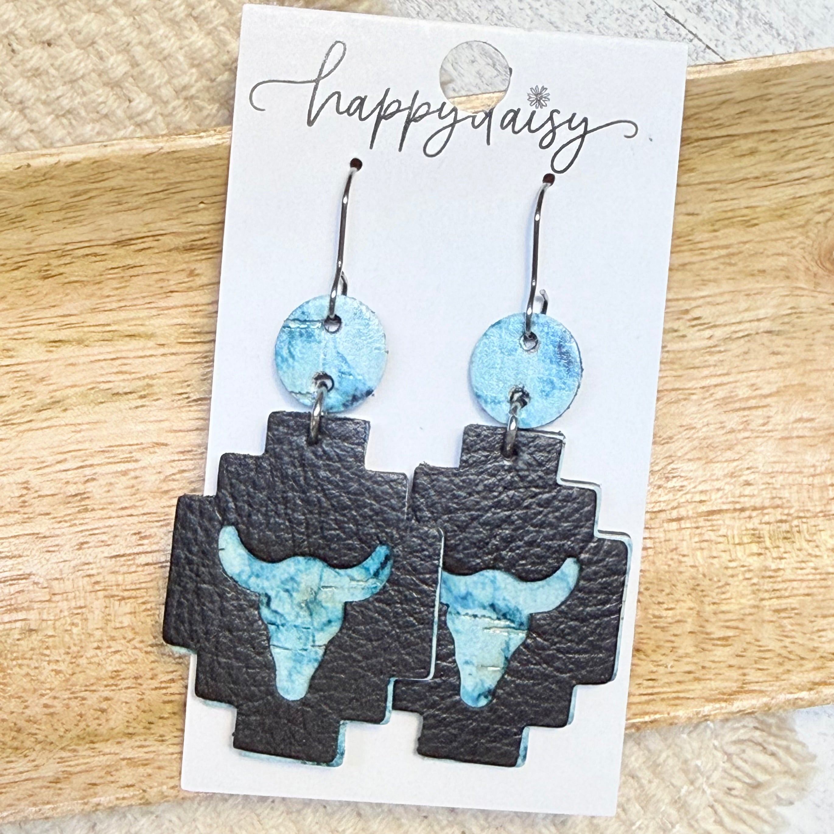 Western Aztec Steerhead Leather Earrings