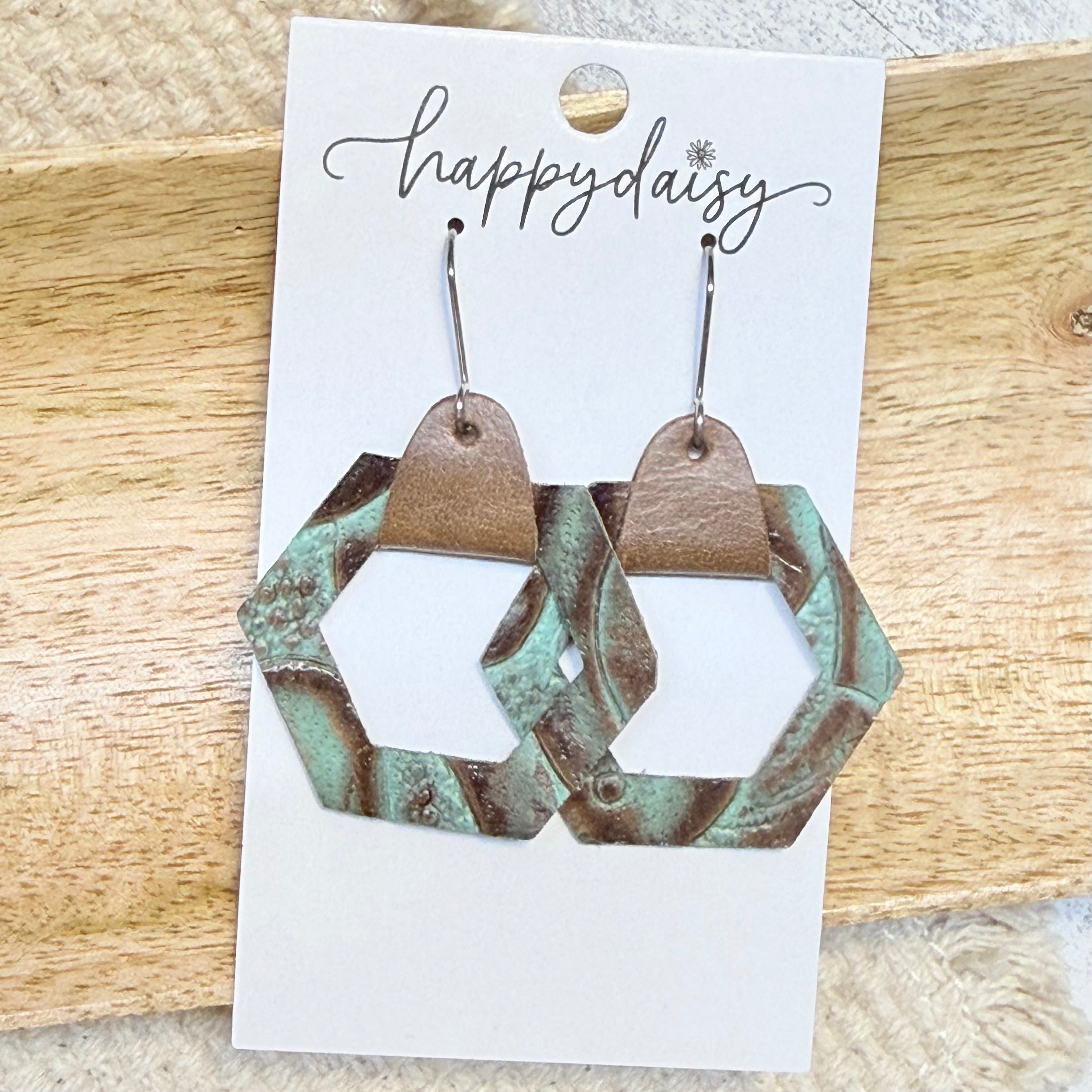 Western Embossed Turquoise Open Hex Leather Earrings