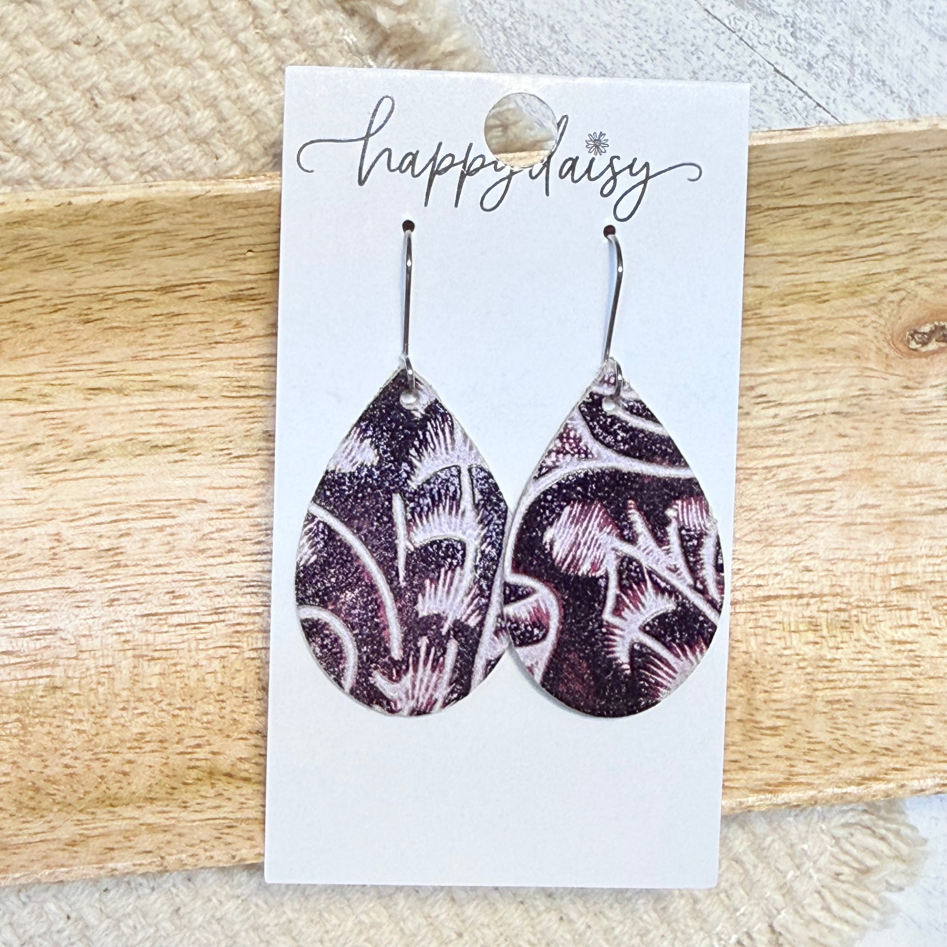 Western Embossed Purple Teardrop Leather Earrings
