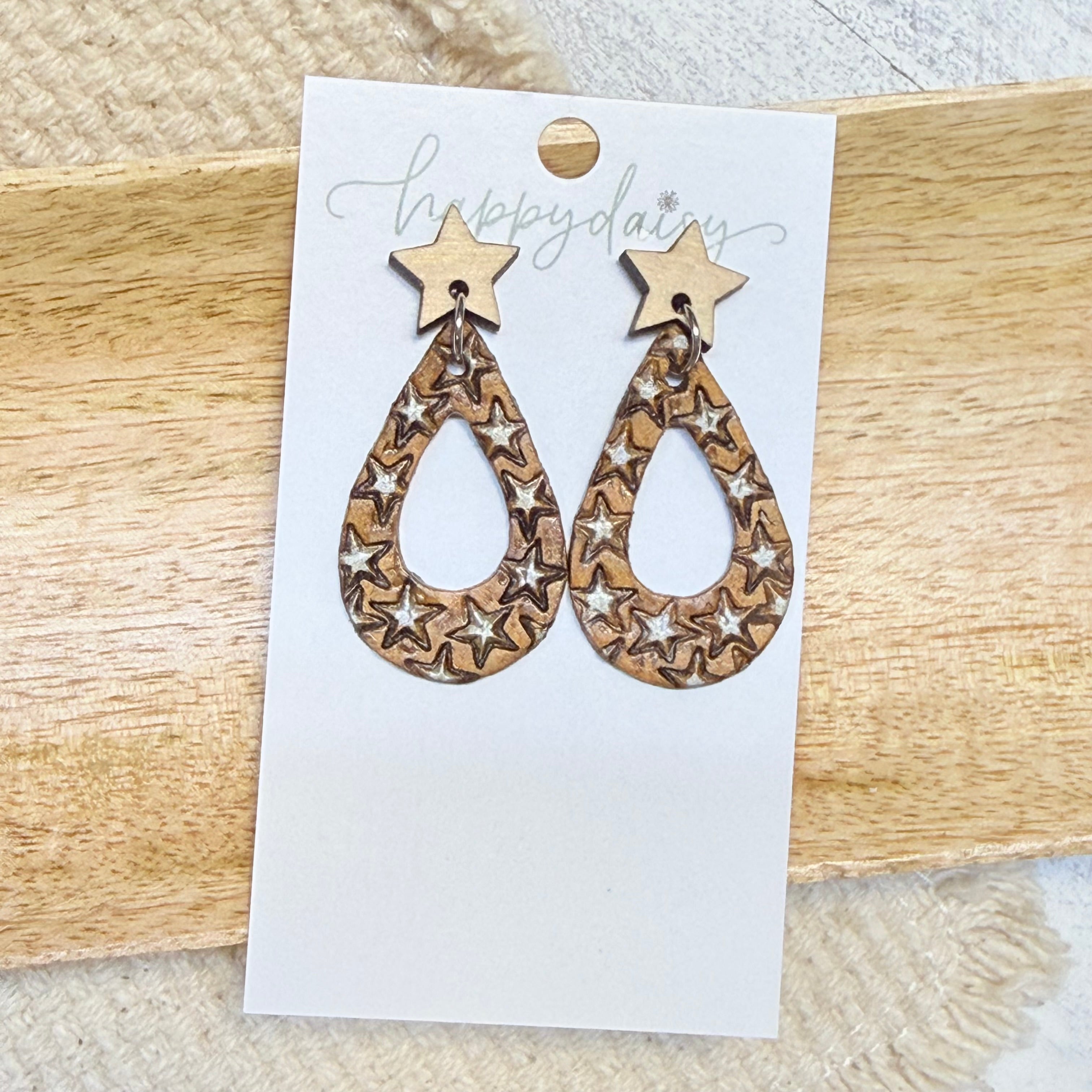 Rustic Star Hand-Stamped Open Teardrop Leather Earrings