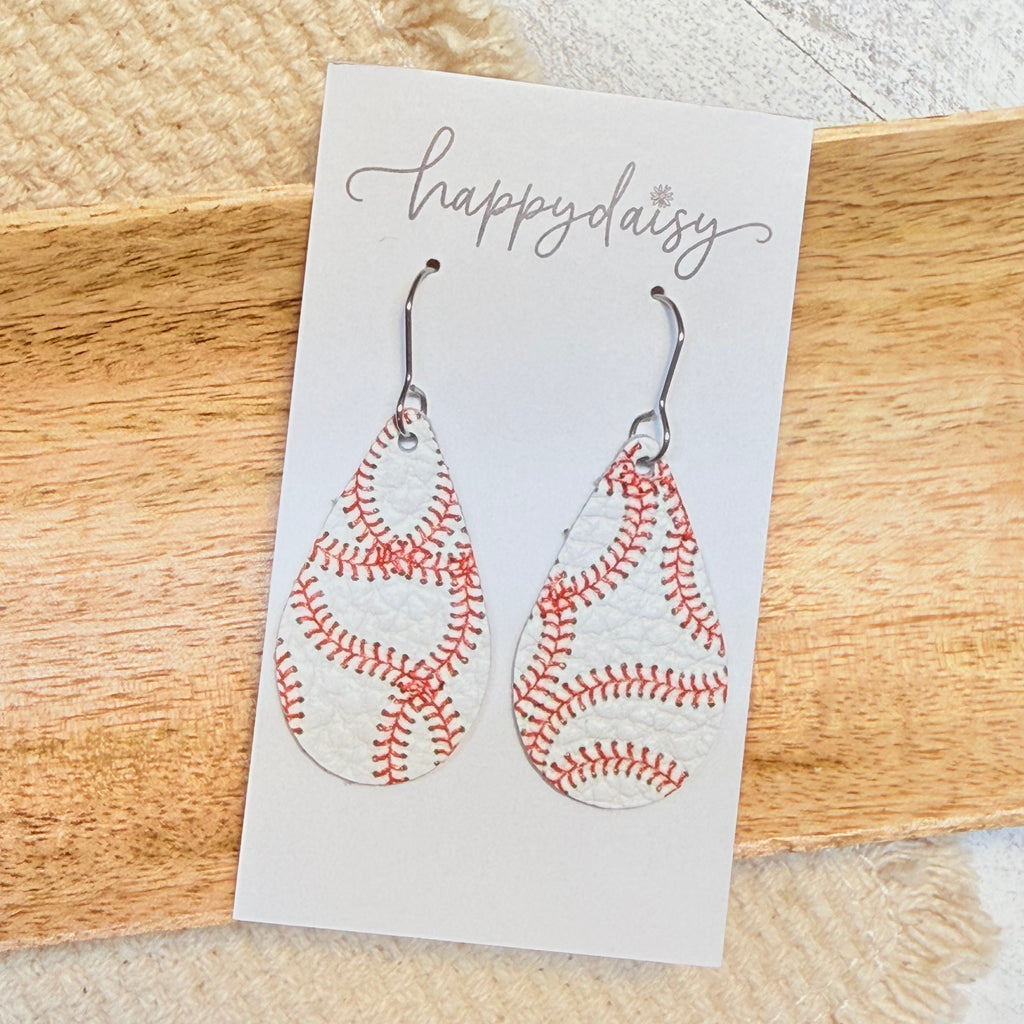 Baseball Print Teardrop Leather Earrings