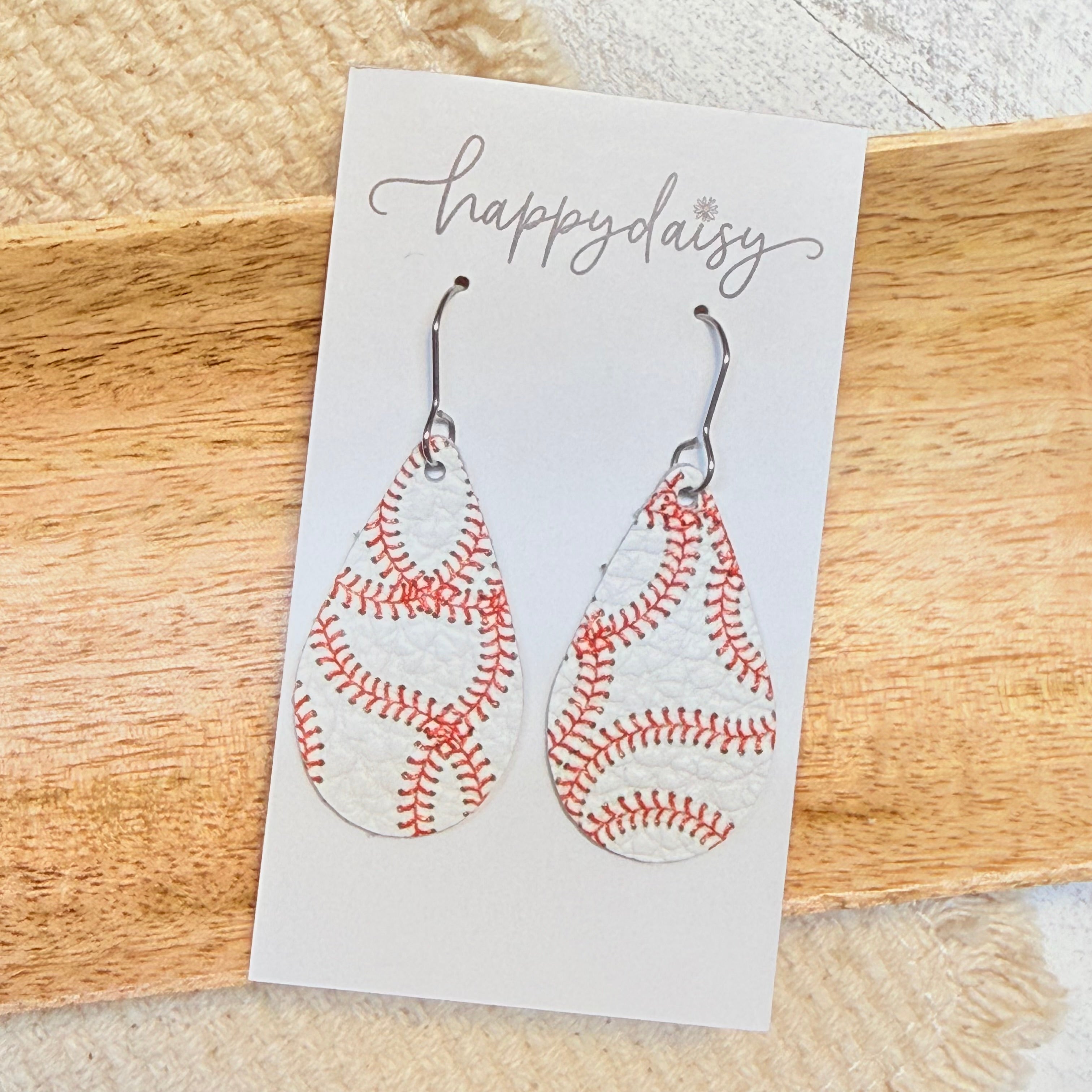 Baseball Print Teardrop Leather Earrings