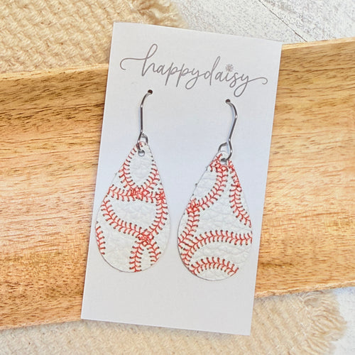 Baseball Print Teardrop Leather Earrings