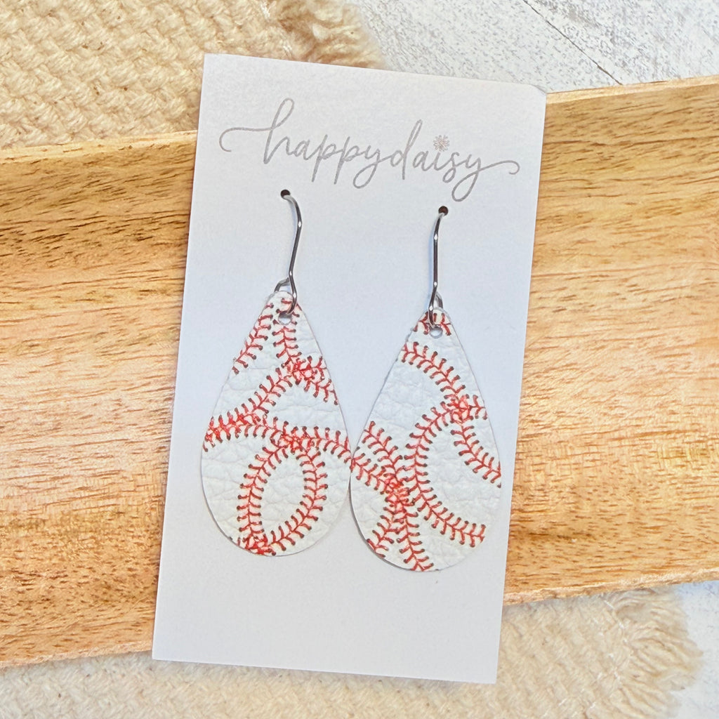 Baseball Print Teardrop Leather Earrings