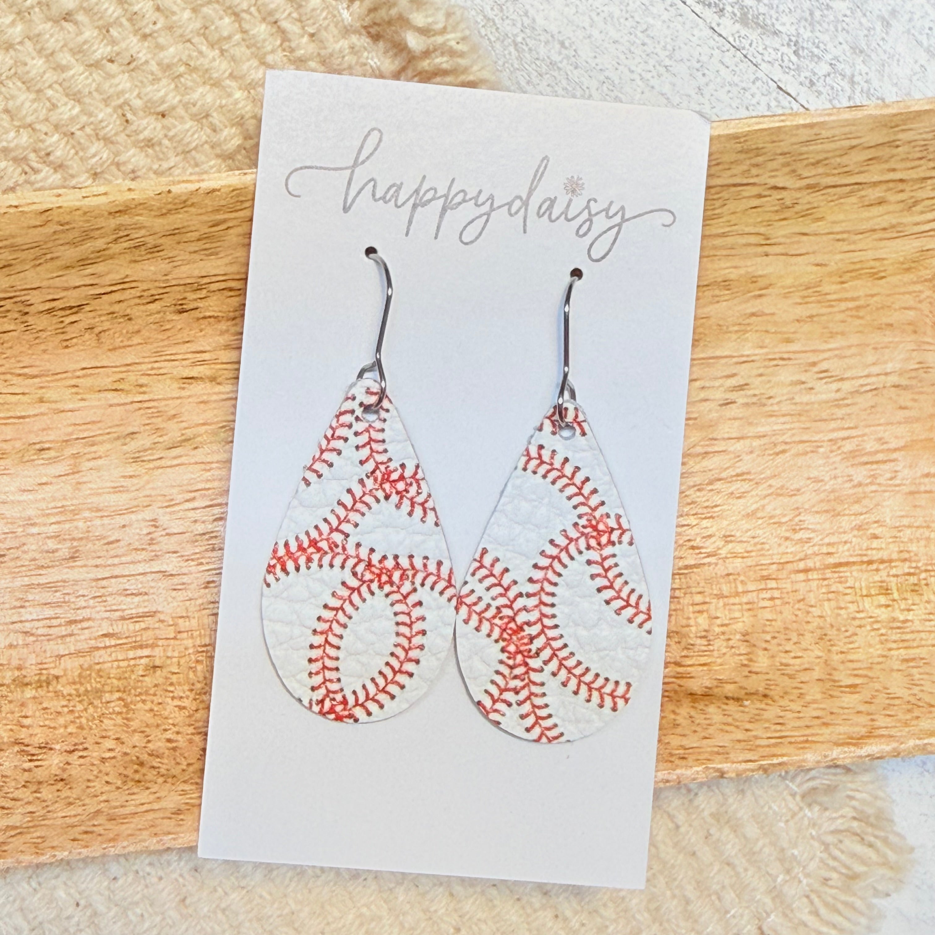 Baseball Print Teardrop Leather Earrings