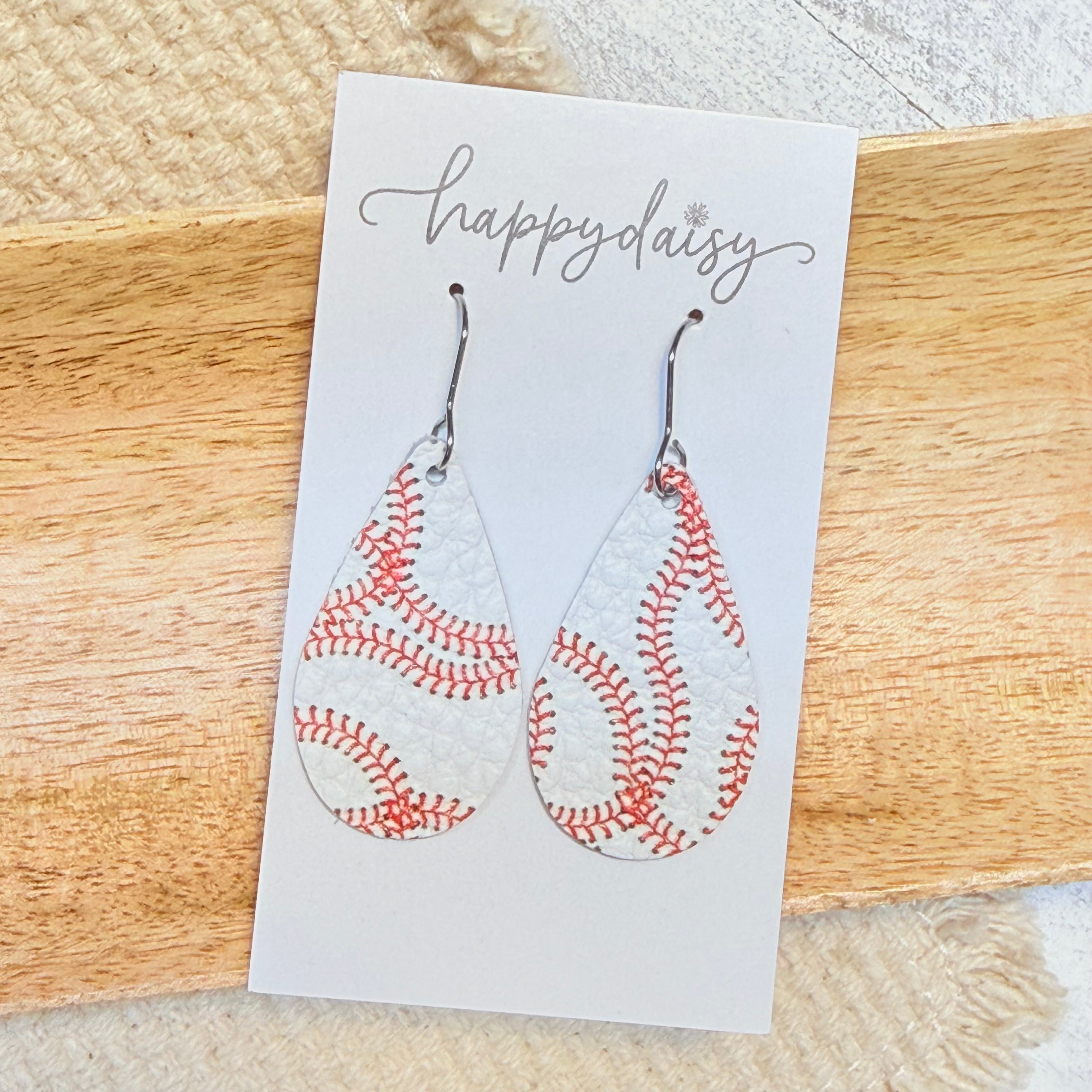 Baseball Print Teardrop Leather Earrings