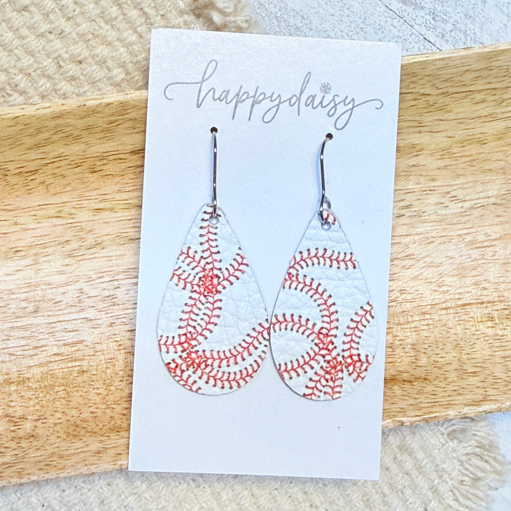 Baseball Print Teardrop Leather Earrings