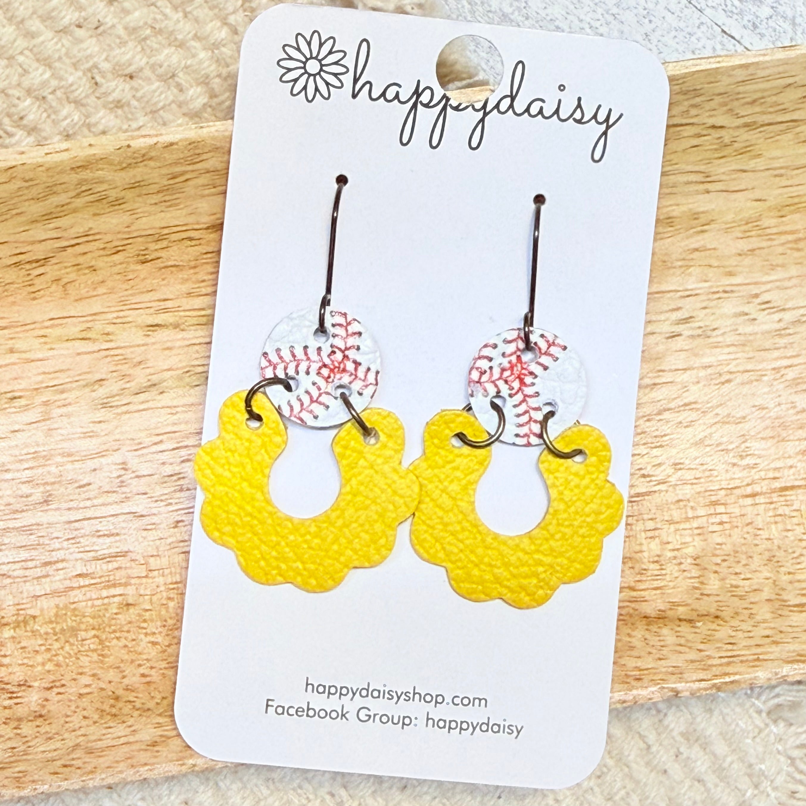 Baseball Print Yellow/Gold Olive Style Leather Earrings