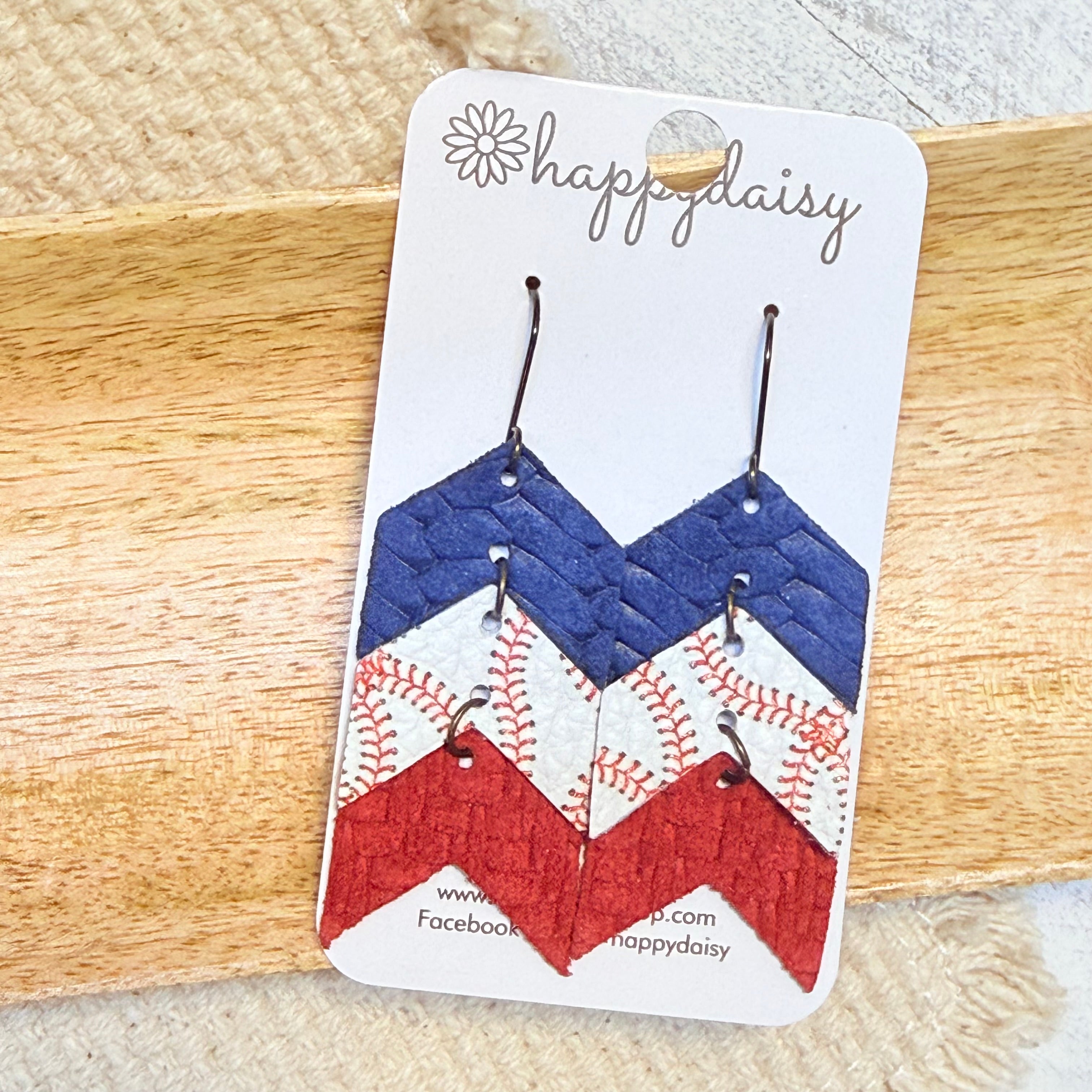 Baseball Stitch, Red, Blue Chevron Earrings