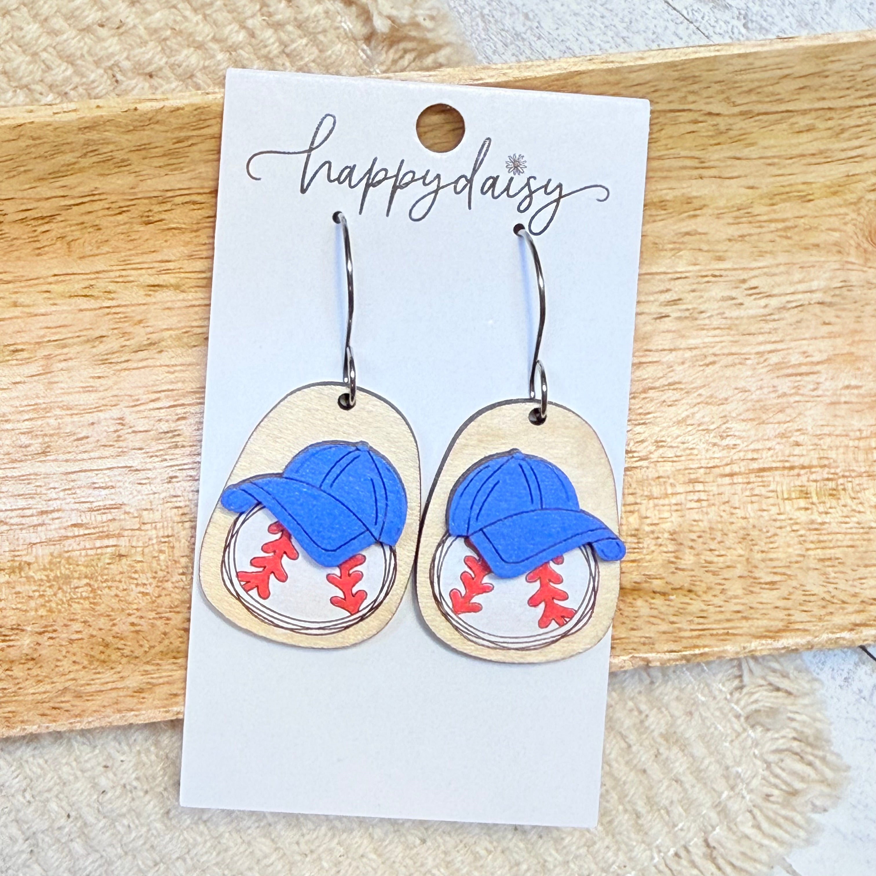 Baseball Blue Cap Wood Earrings