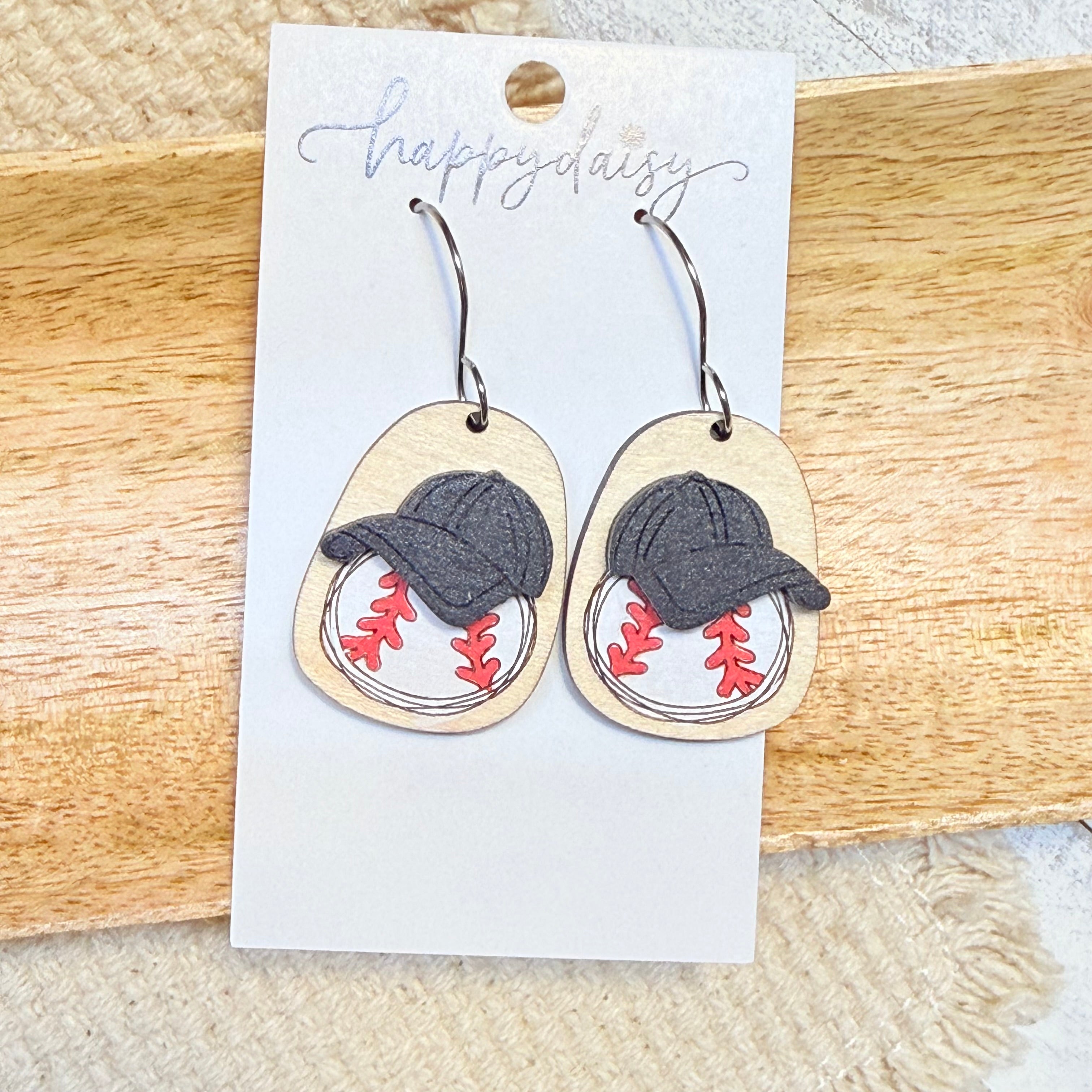Baseball Black Cap Wood Earrings