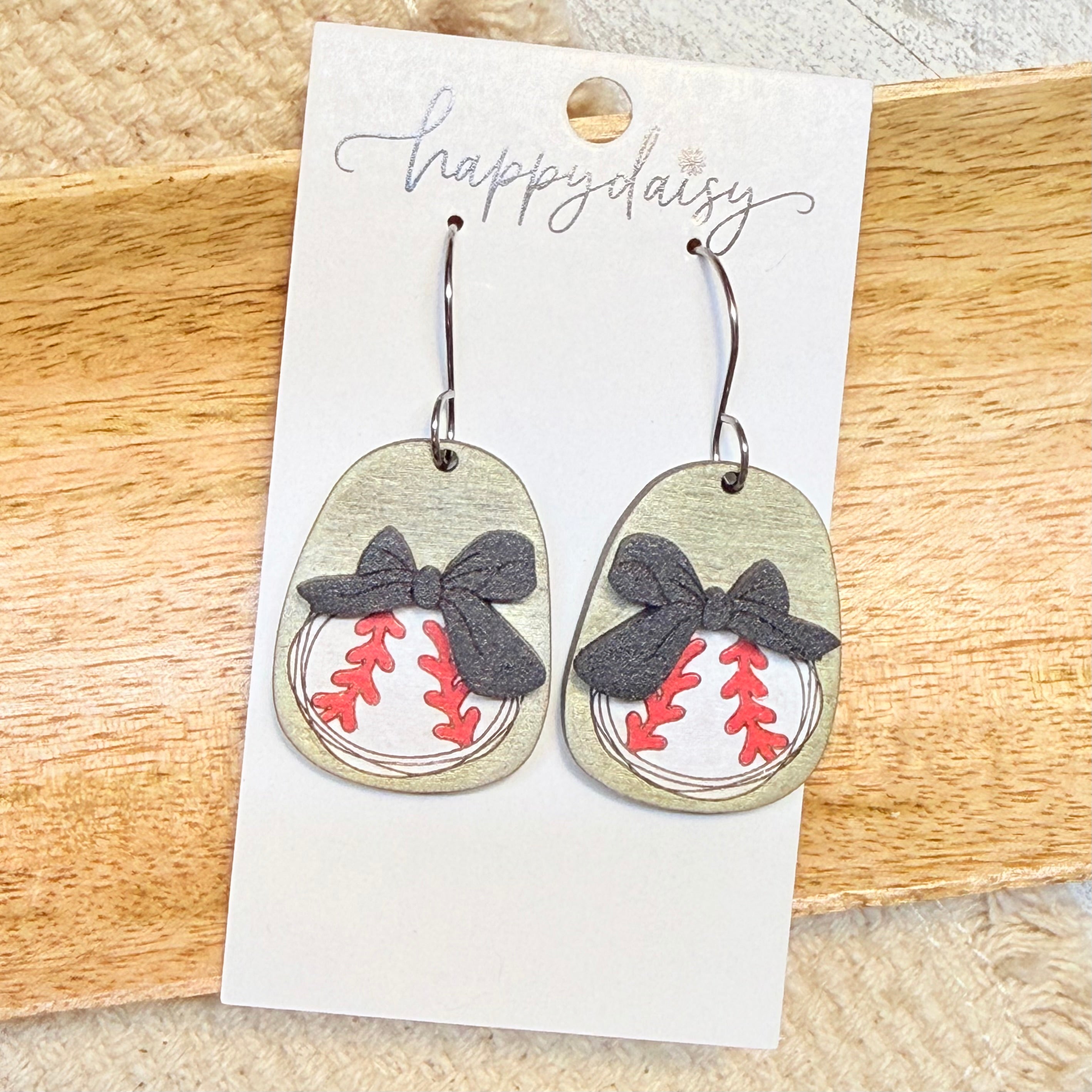 Baseball Black Bow Wood Earrings