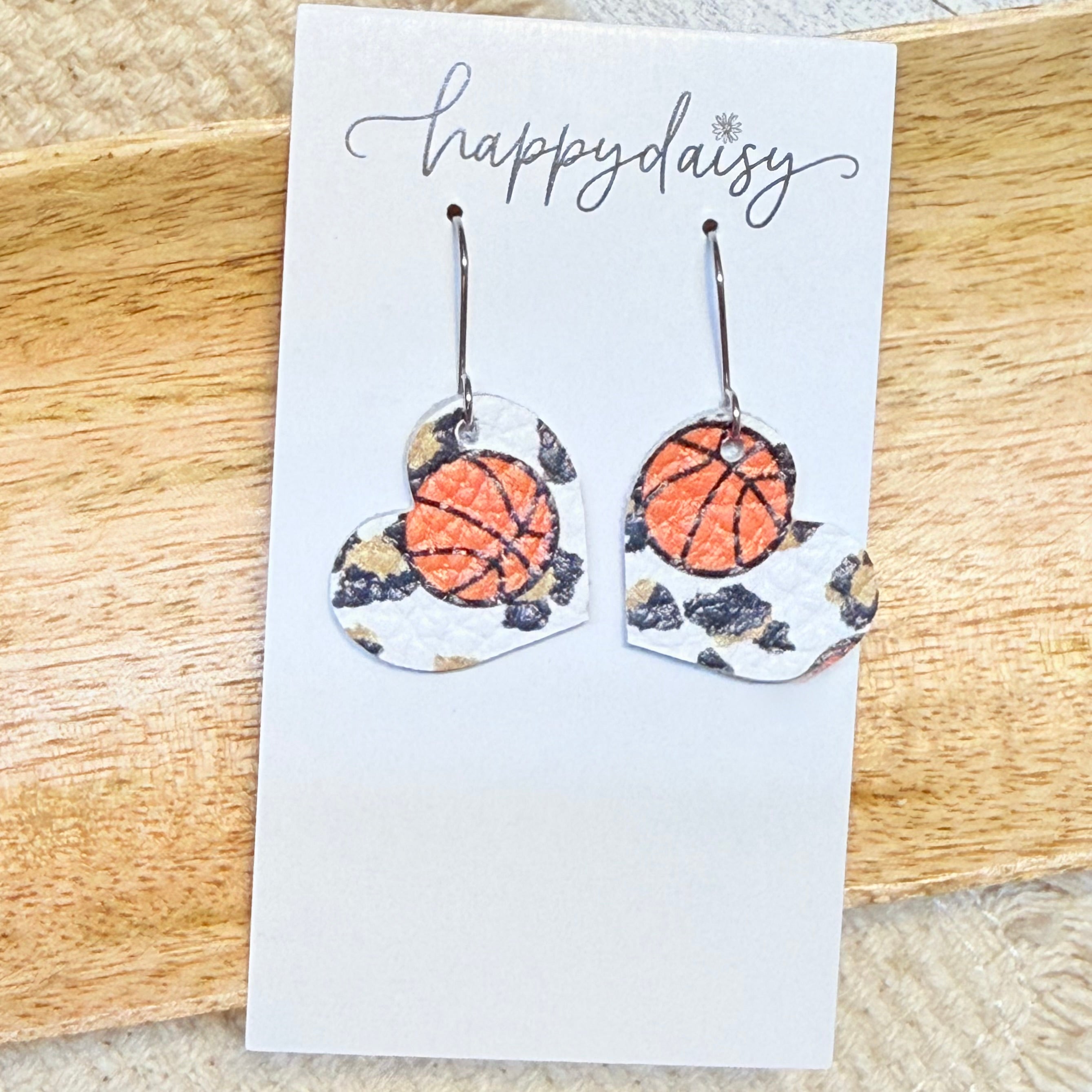 Basketball Leopard Print Heart Leather Earrings