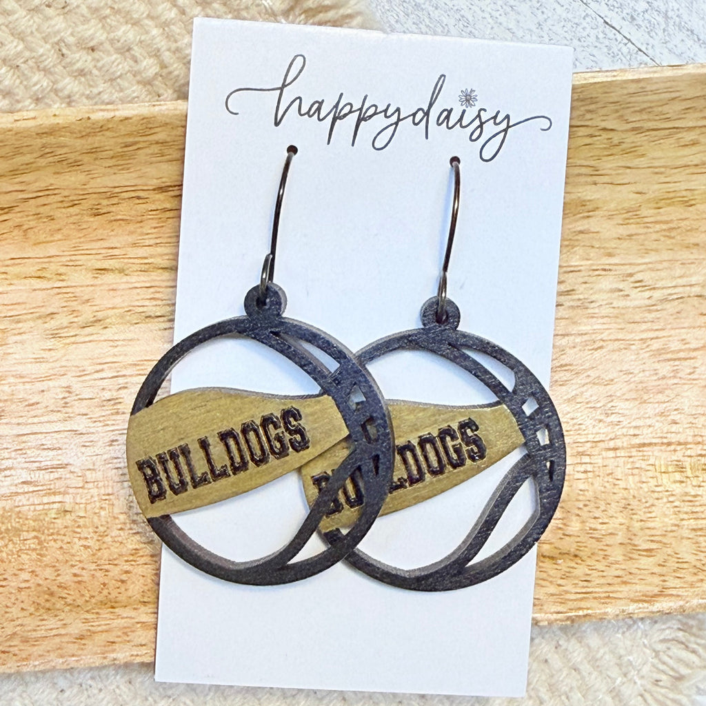 Basketball Black & Gold Bulldogs Wood Earrings