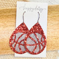 Basketball Red & Silver Leather Teardrop Earrings