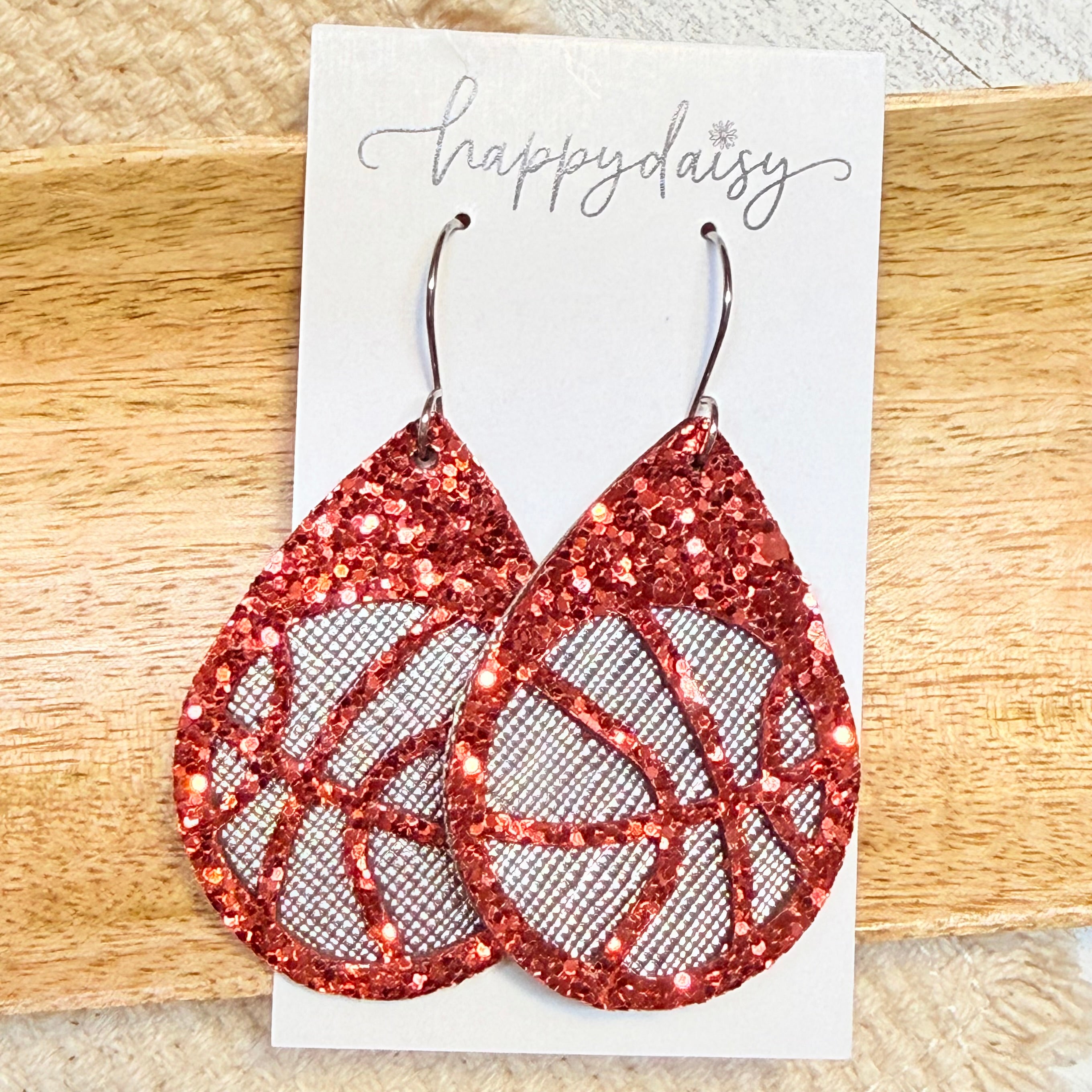 Basketball Red & Silver Leather Teardrop Earrings