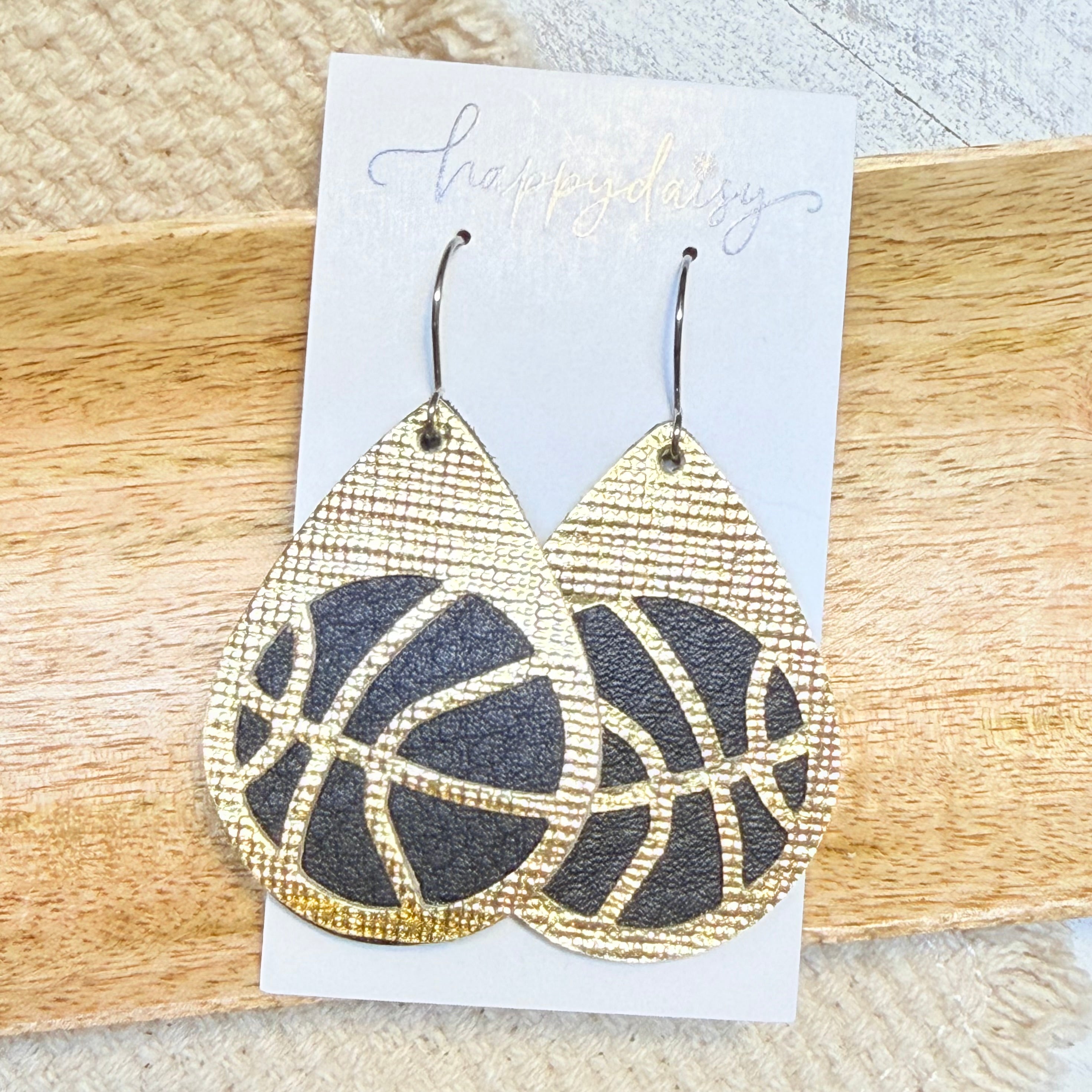 Basketball Black & Gold Leather Teardrop Earrings