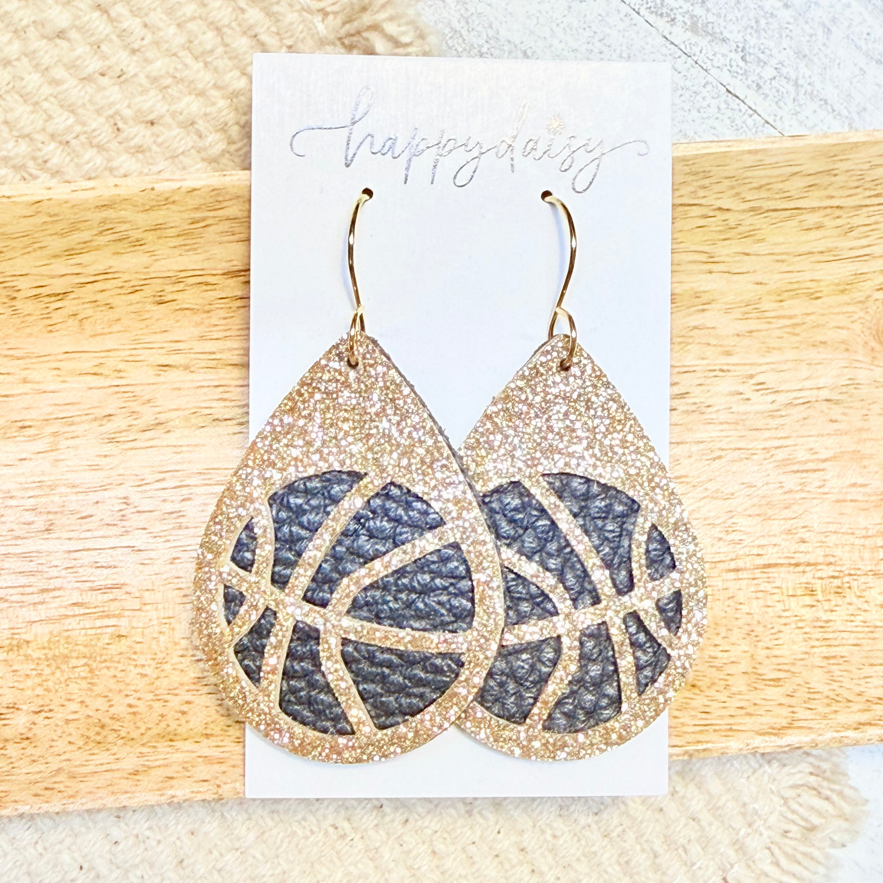 Basketball Black & Gold Glitter Leather Teardrop Earrings