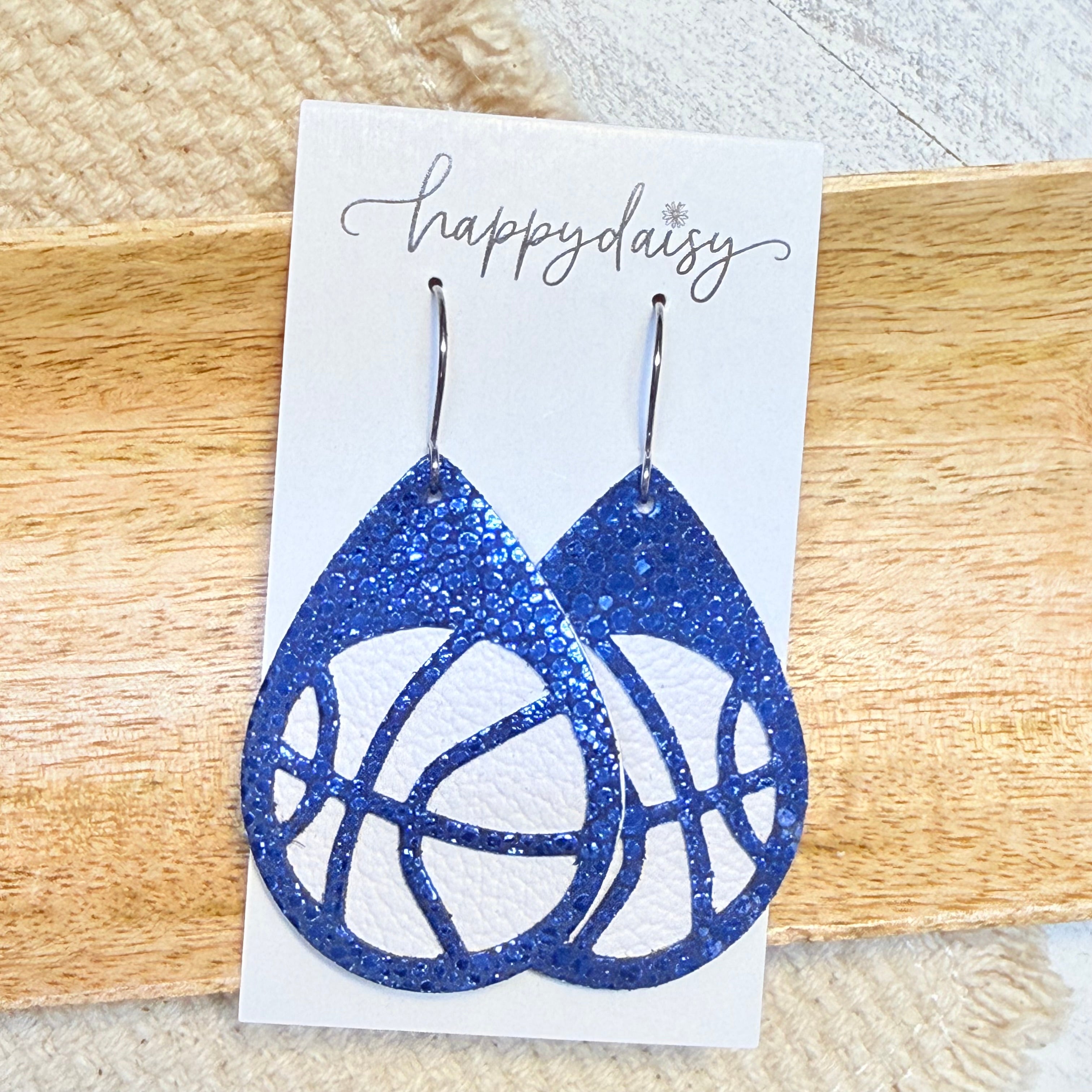 Basketball Blue & White Leather Teardrop Earrings