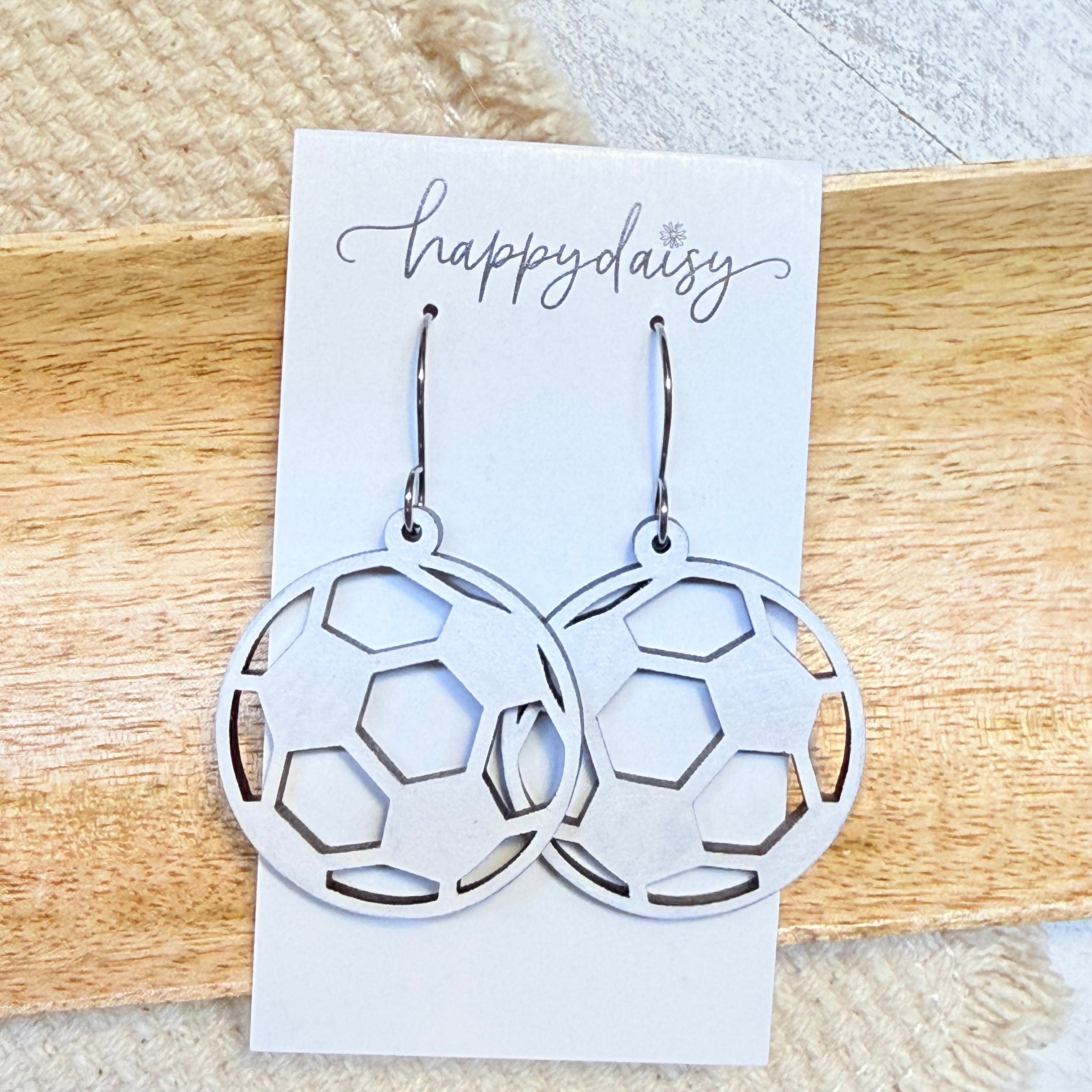 Soccer White Wood Earrings