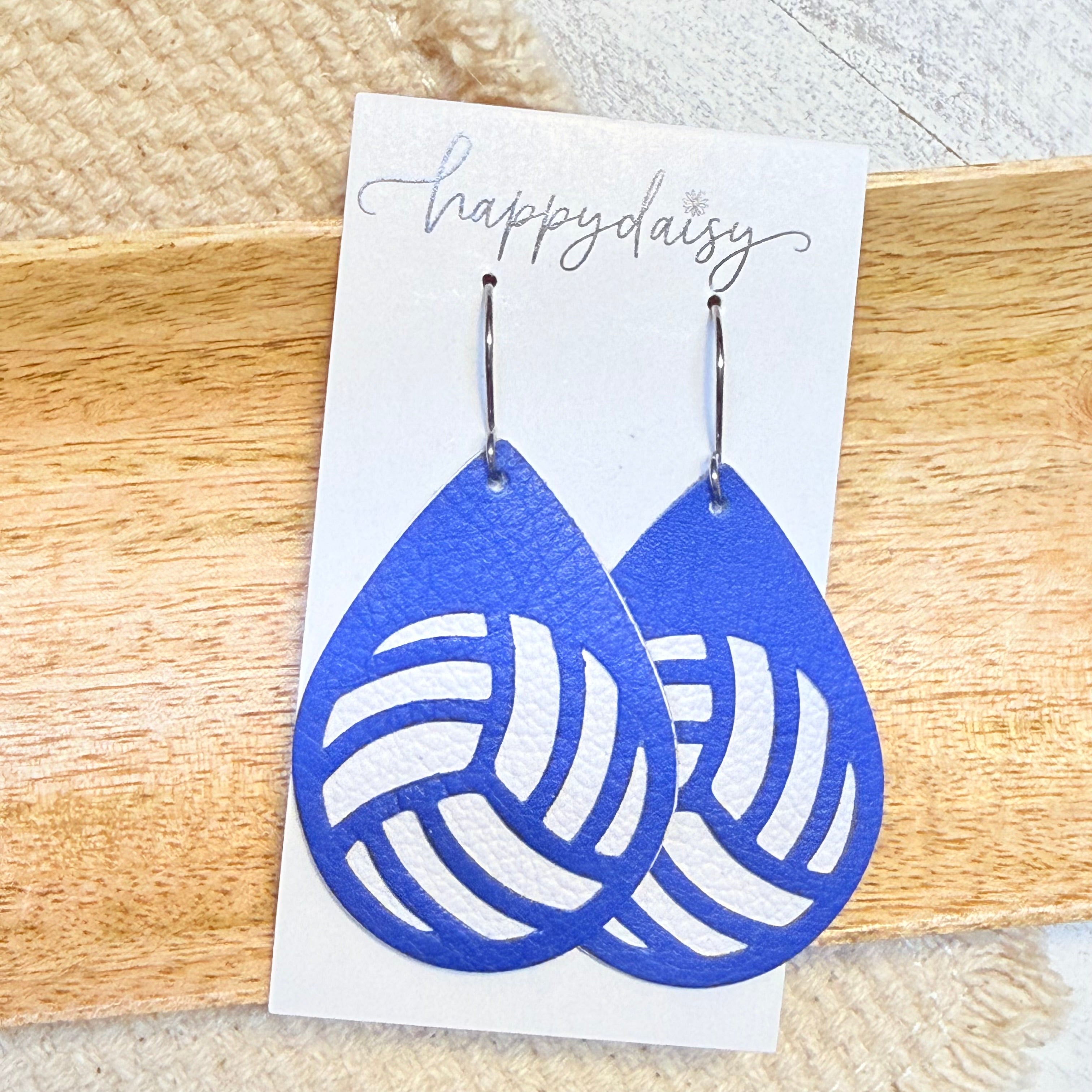 Volleyball Blue & White Leather Teardrop Earrings