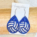 Volleyball Blue & White Glitter Leather Teardrop Earrings