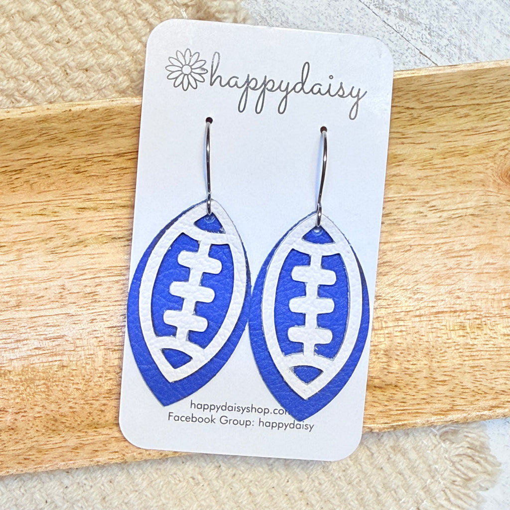 Football White & Blue Leather Earrings