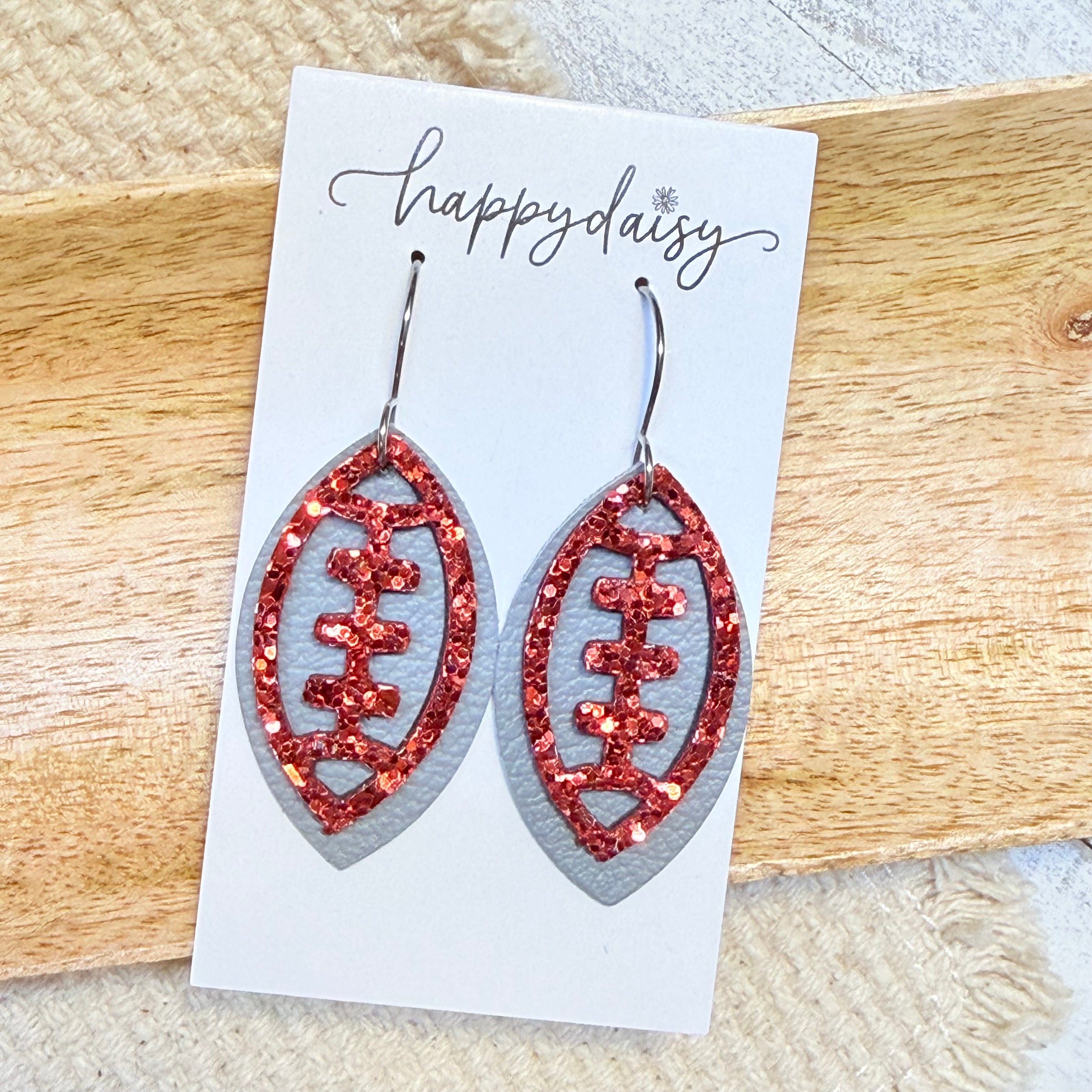 Football Red Glitter on Gray Leather Earrings