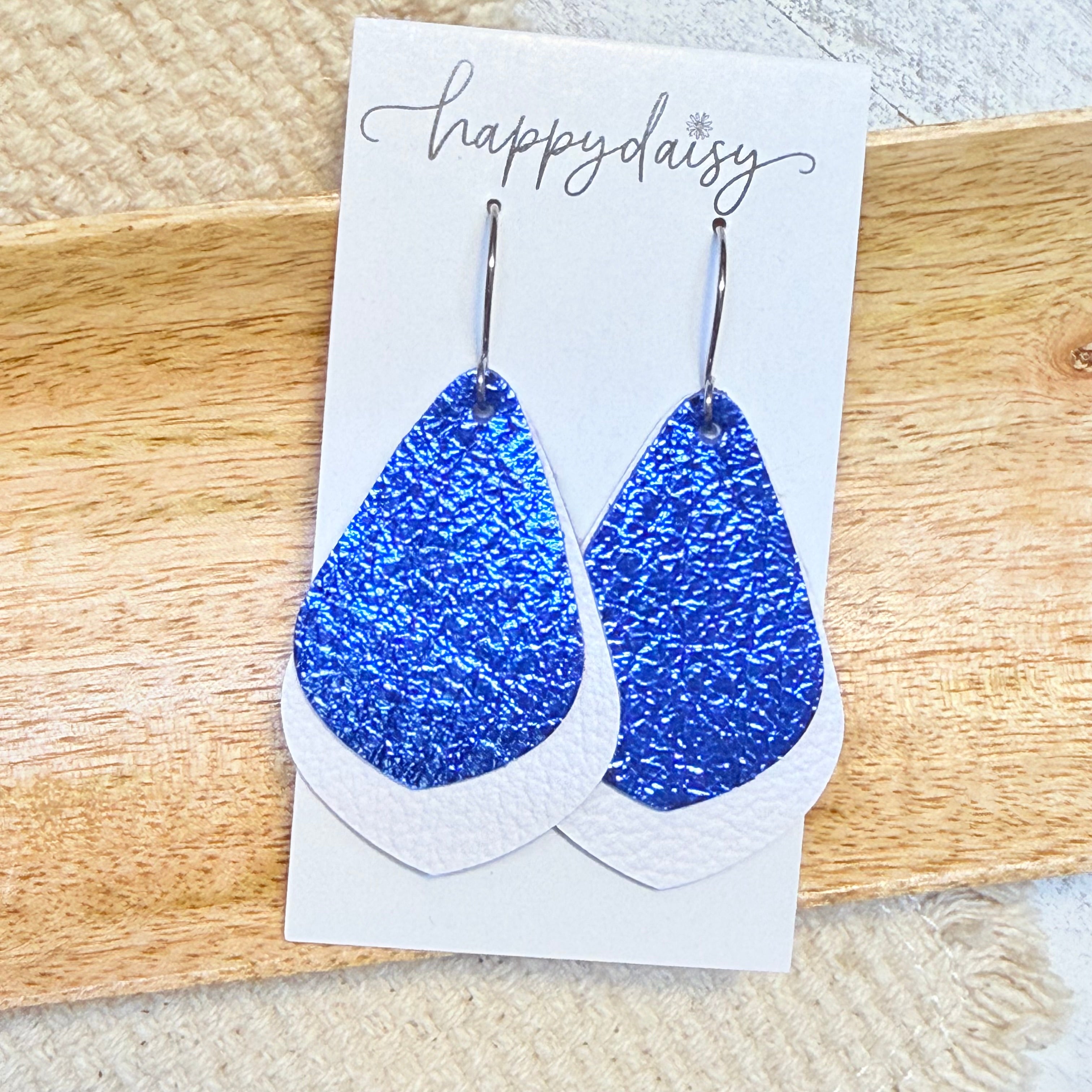 Blue & White Layered Vale Leather Earrings
