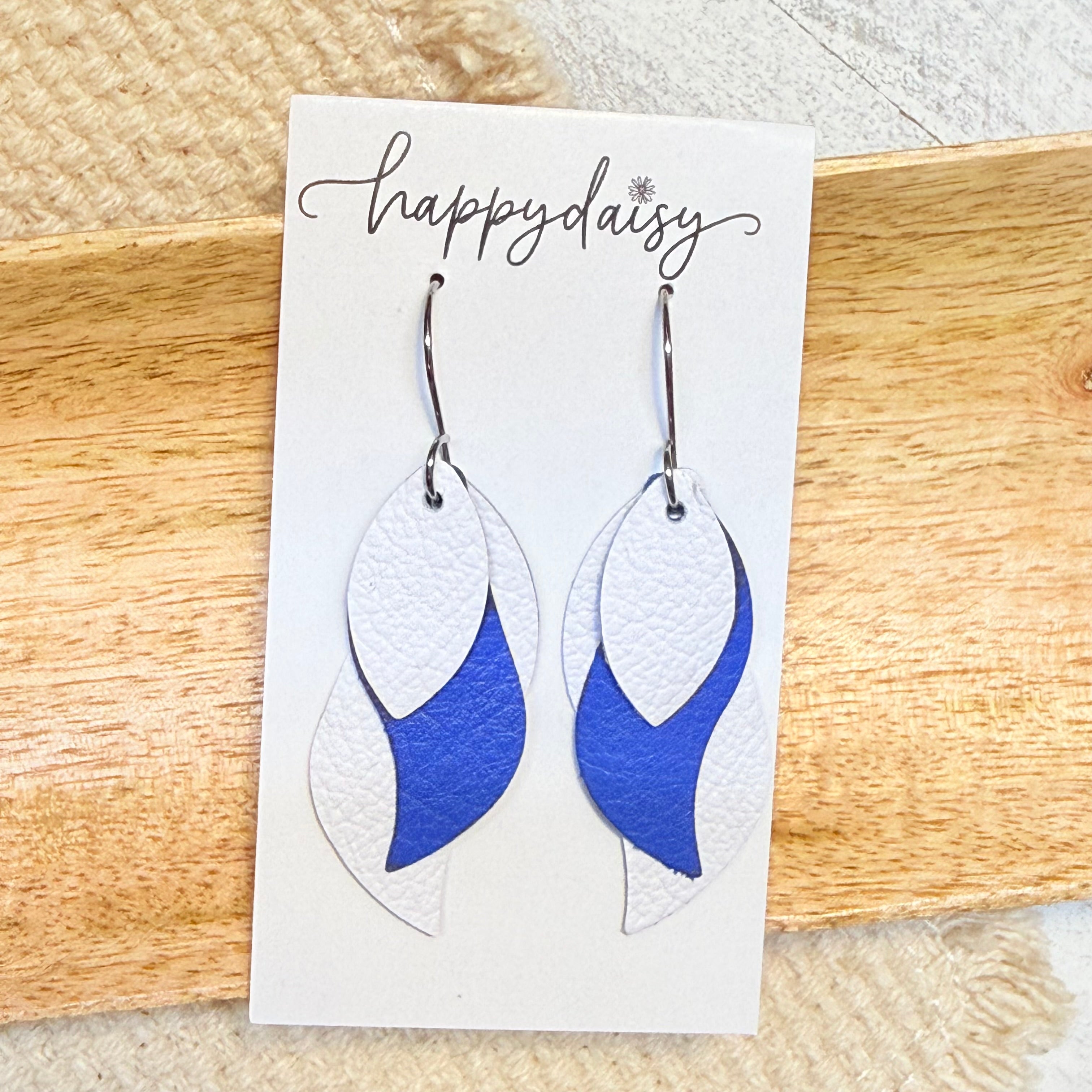 White & Blue Lyric Leather Earrings