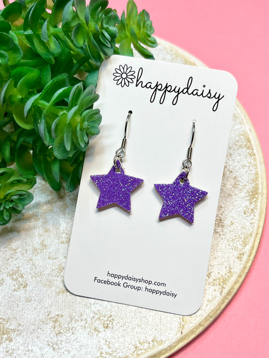 Purple Glitter Star Leather Earrings for Girls