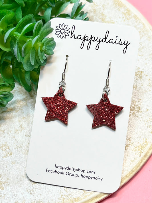 Red Glitter Star Leather Earrings for Girls