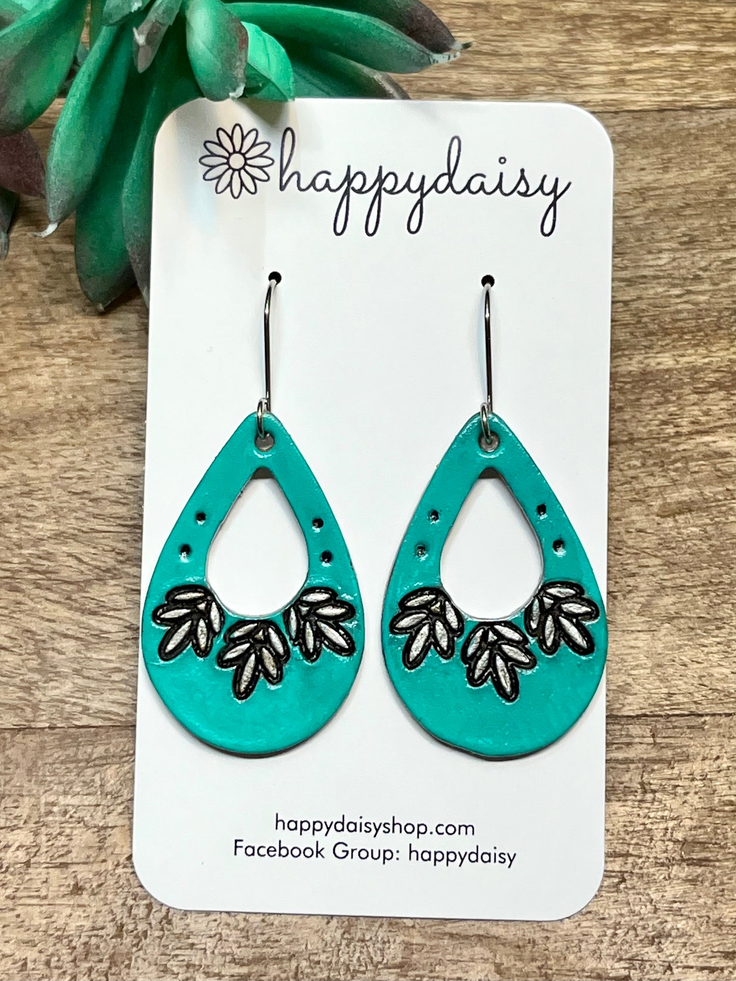 Turquoise and Silver Open Teardrop Leather Earrings